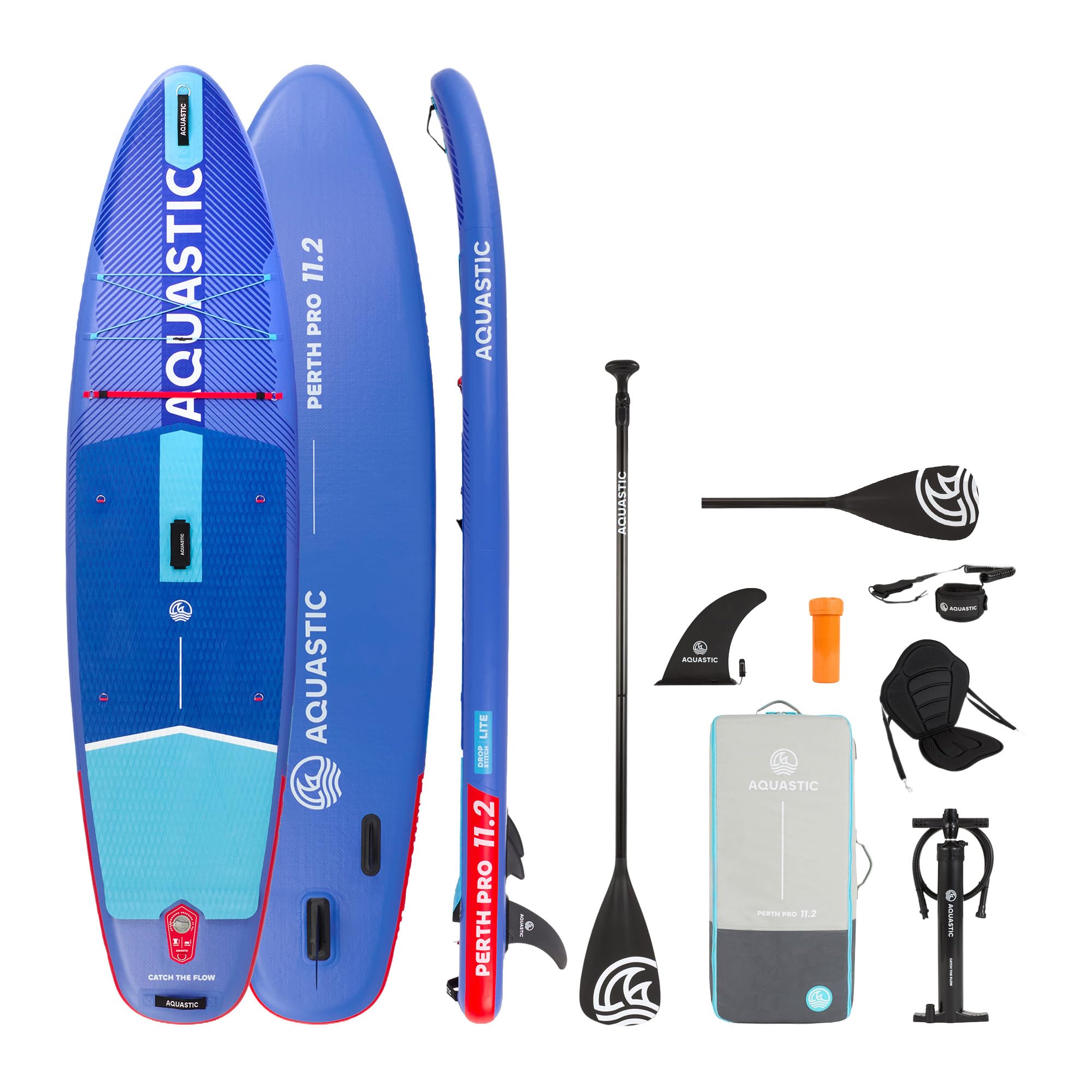 AQUASTIC Perth Pro 11'5.1 cm uniwersalna deska SUP Drop Stitch Lite, pianka 5 mm, zestaw z regulowanym wiosłem 2 w 1, statecznikiem wsuwanym, siedziskiem kajakowym, 2-drożną pompką i plecakiem do