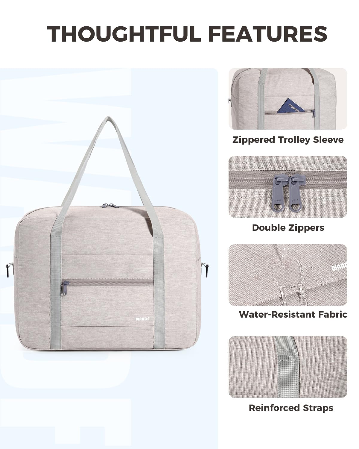 WANDF Bagaż Podręczny do Samolotu Składany Ryanair 40x20x25cm Torba Sportowa, Szpitalna, Weekendowa (Denim Beżowy 20l z Paskiem na Ramię)