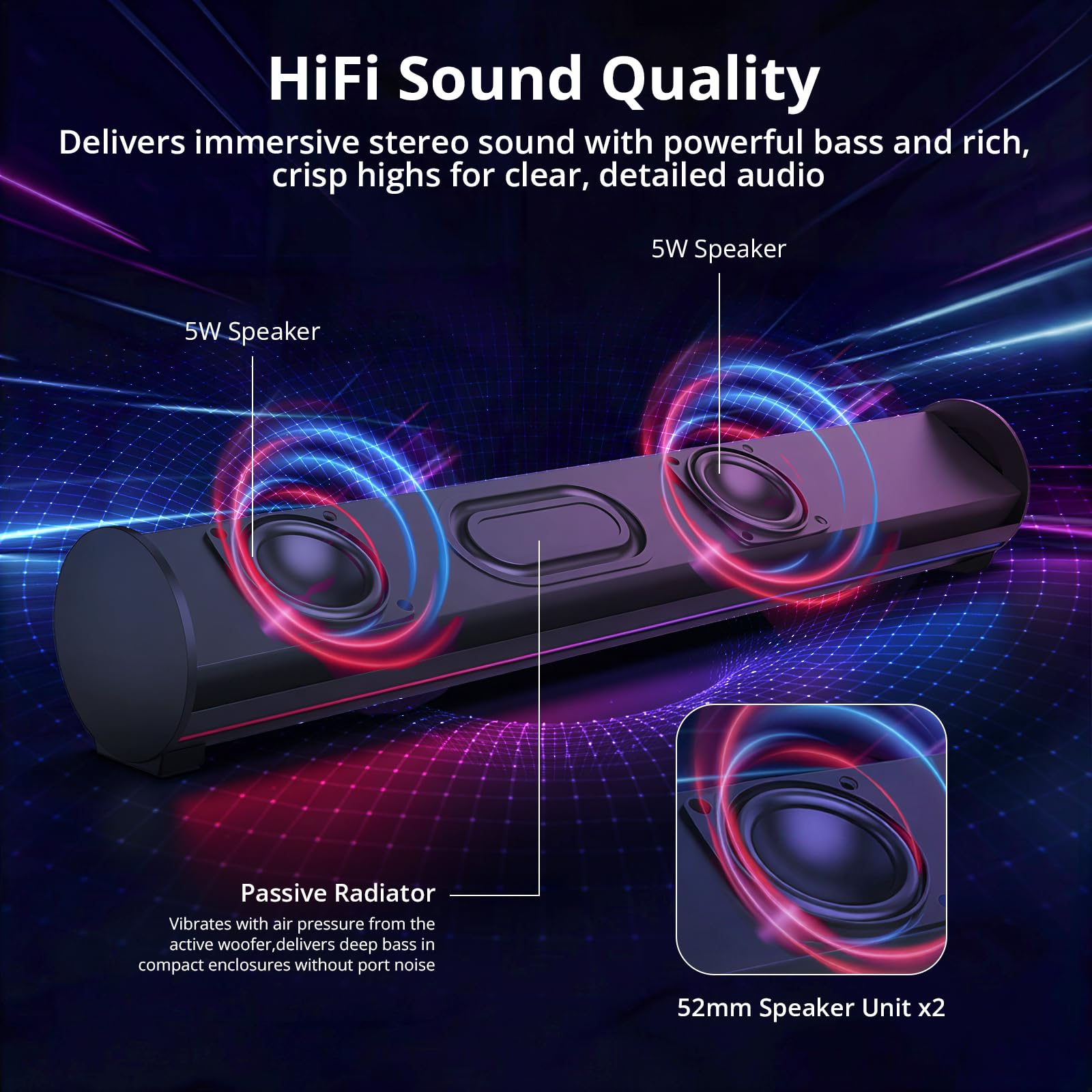 2 in 1 Gaming Soundbar con Microfono Staccabile,Casse per PC con Alimentazione USB, Bluetooth 6.0, Illuminazione LED RGB, 3 EQ Audio per PC Gaming,Laptop,TV,Smartphone