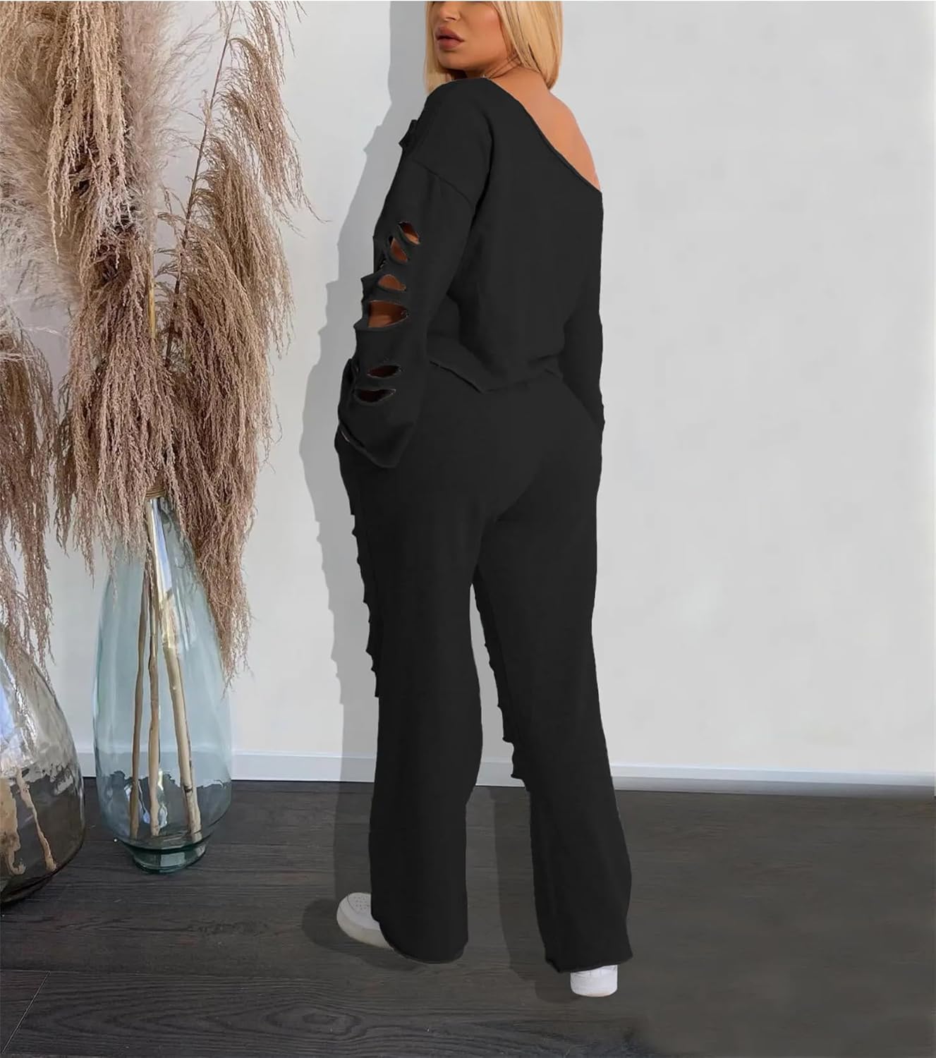 Women Cutout Long Sleeve T-Shirt And Hollow Out Elastic Waist Wide Leg Pants Suit