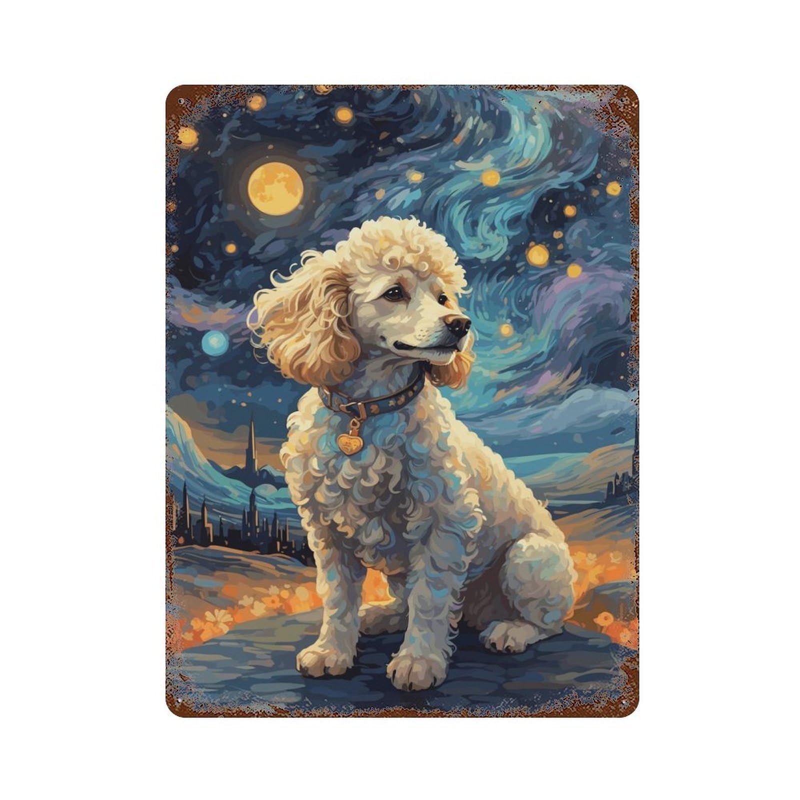 Garage Style Poodle Night Sky Rusty Metal Tin Sign 15.7"x11.8", Farmhouse Wall Decor for Bar And Workshop