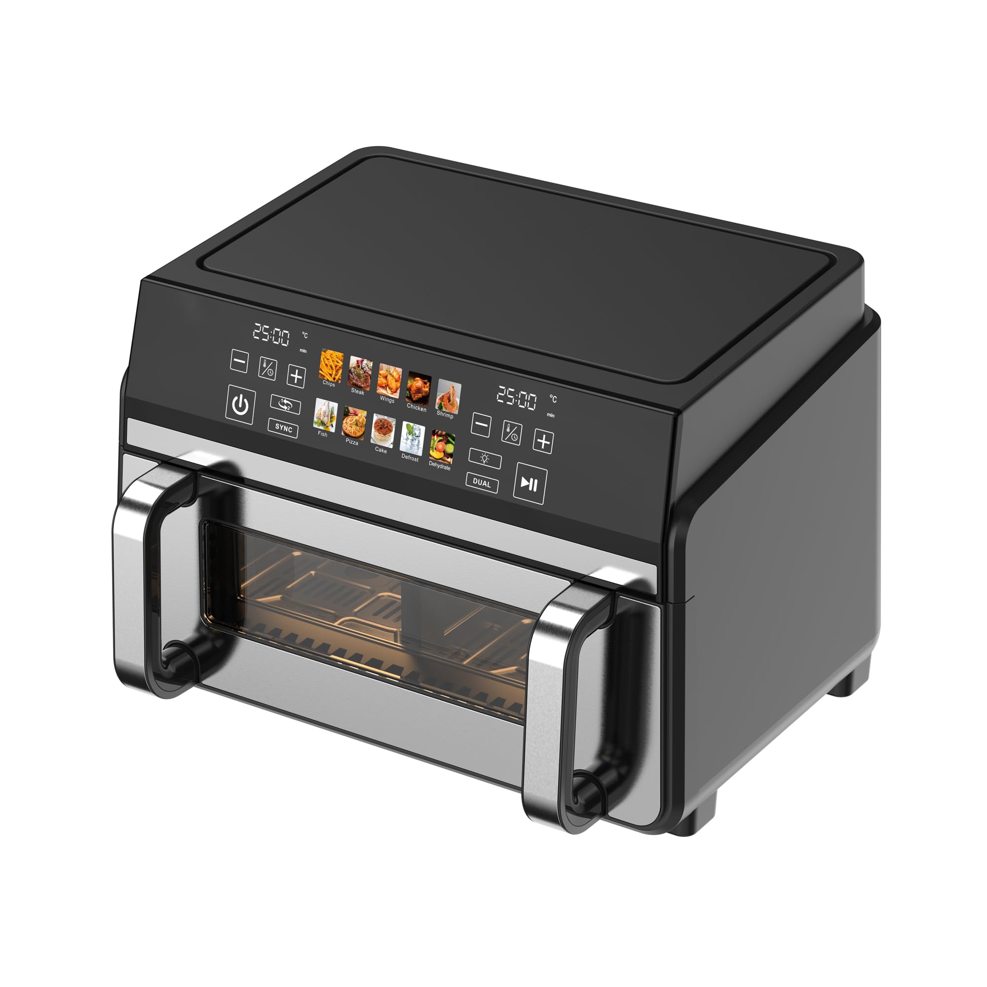 JOCCA - Freidora de Aire 10 Litros con Sistema Dual, Doble Resistencia, 2200W, 8 Programas, Función Sync, Temperatura de 80º a 200º, Temporizador, Ventana, Pantalla Táctil