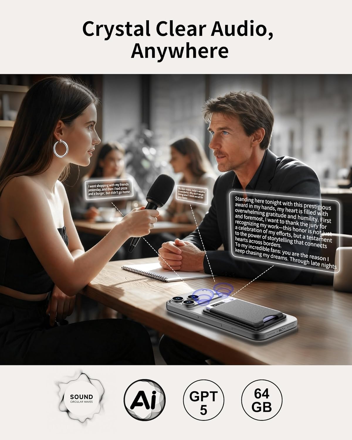 GPT-5 AI Voice Recorder, 64GB Digital Audio Recorder with 152-Language Transcription, Dual Noise-Cancelling Mics, Automatic Summaries & App Control for Lectures, Meetings, Interviews