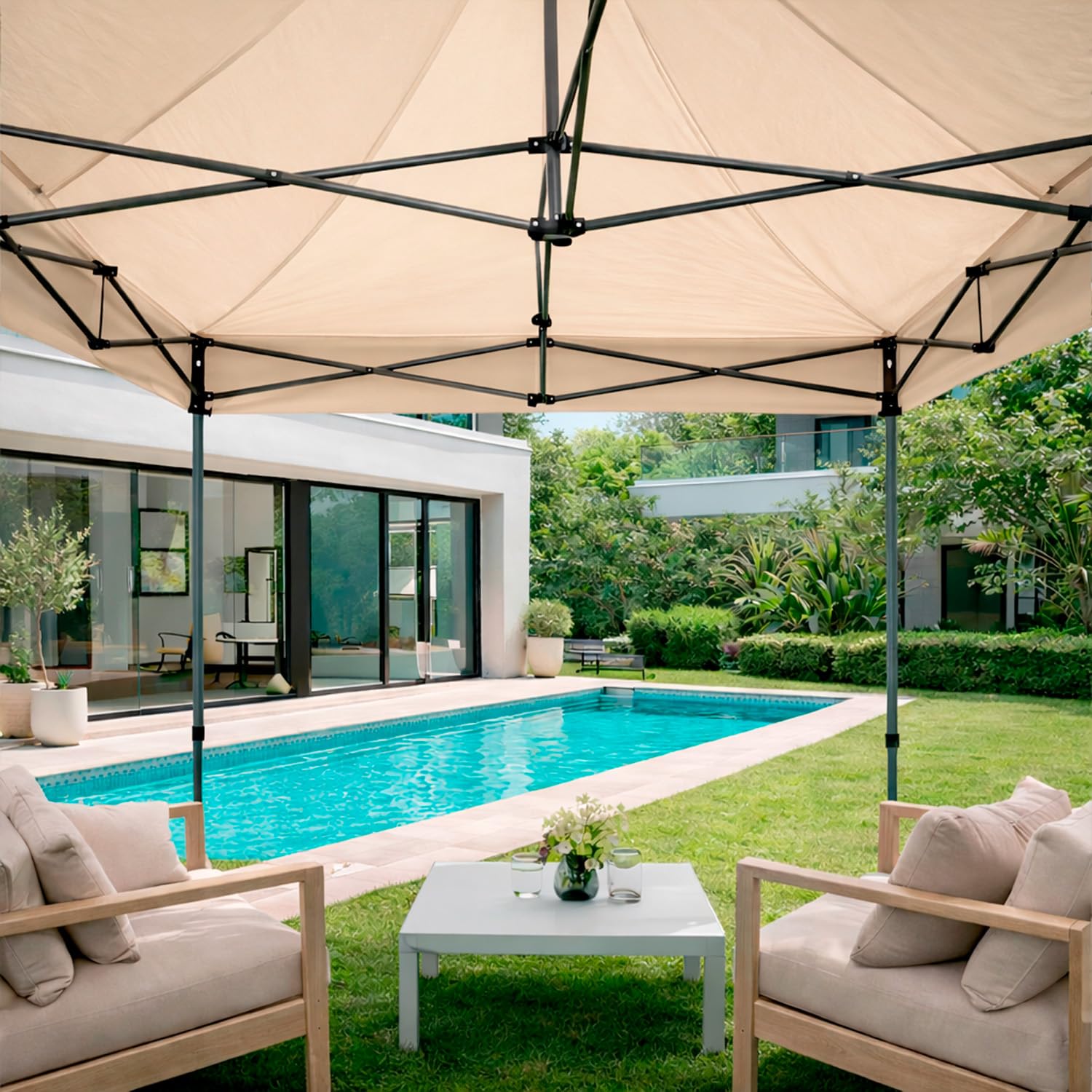 Gazebo Professionale 3x3 M Richiudibile Automatico In Acciaio Con Telo Oxford 1200D PVC Impermeabile e Anti UV Struttura a Fisarmonica con Sacche Zavorra e Borsa Trasporto Sagre Feste Eventi (Beige)