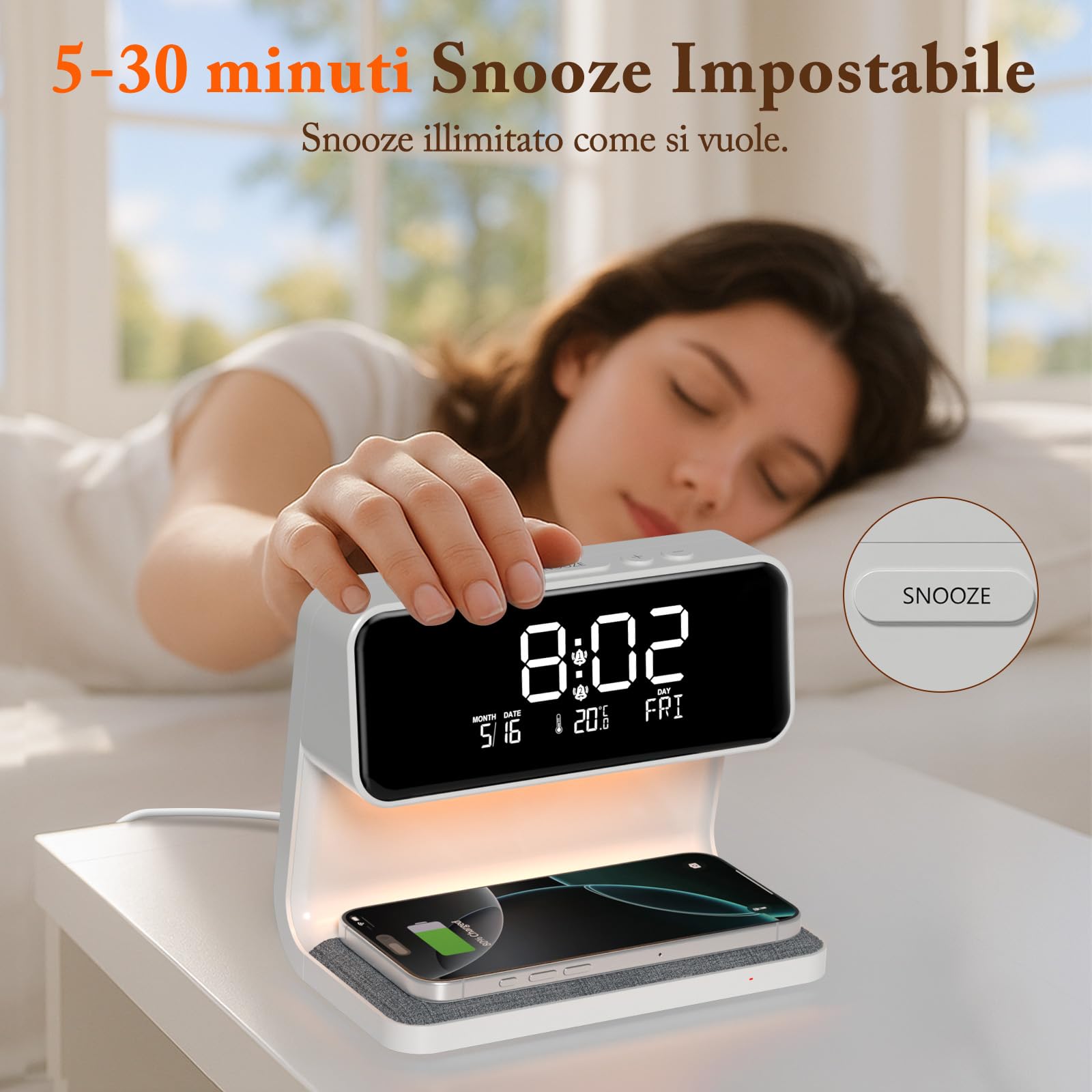 Sveglia Digitale, Sveglia da Comodino con Ricarica Wireless 15W, Display LED Temperatura/Data/2 Allarme/Snooze Regolabile/ 12/24Ore, Sveglia Luminosa con Touch Dimmerabile per Adulti e Bambini