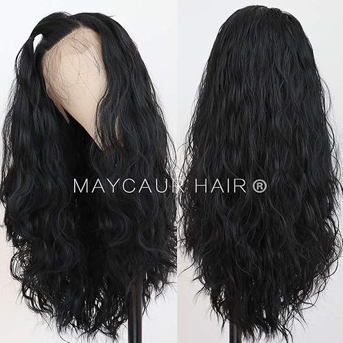 Miniatura 4 de Peluca de cabello largo negro Maycaur, pelo suelto, ondulado, sin pegamento, resistente al calor, sintético, con encaje frontal, pelucas paramujeres