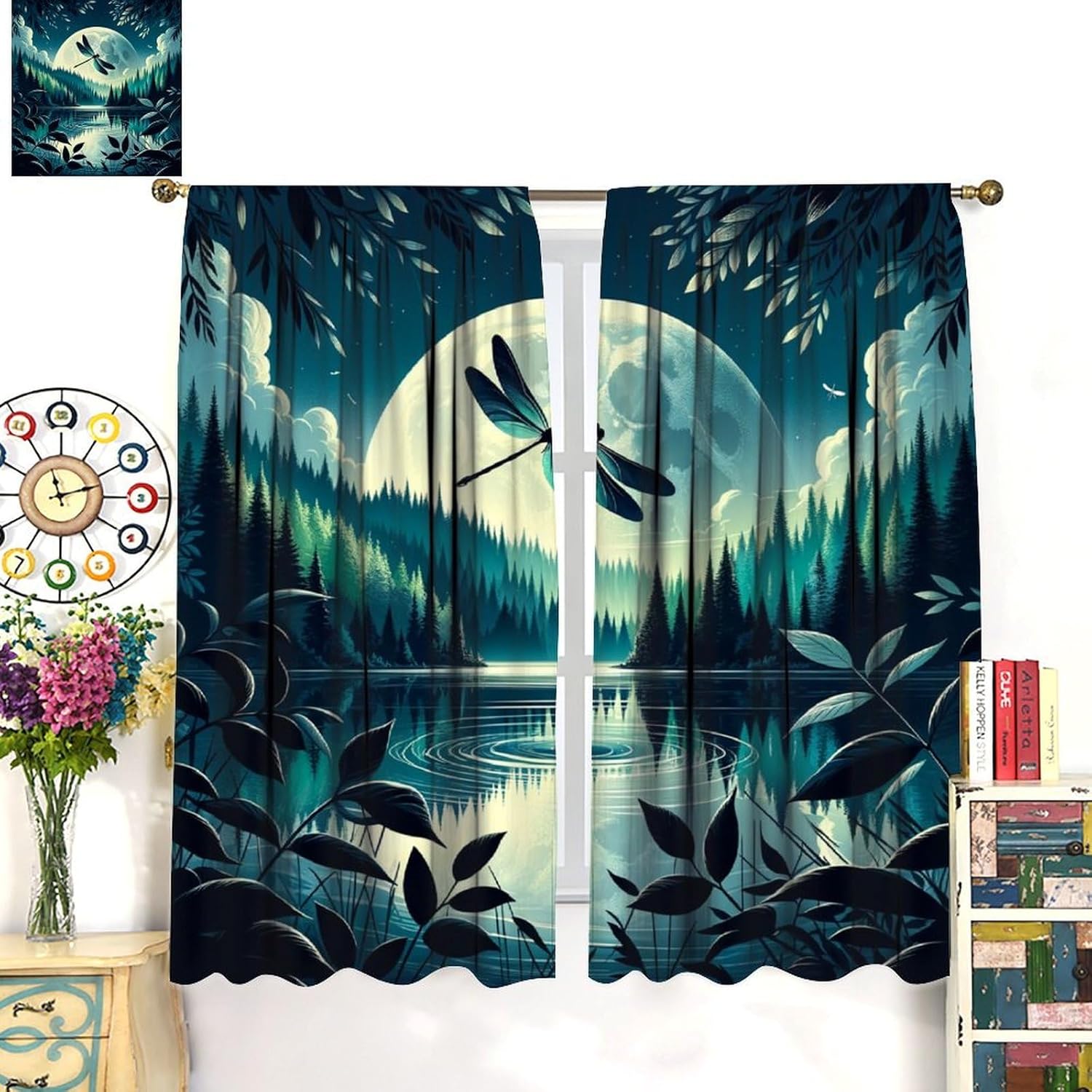Dragonfly Curtains Forest Lake Moon Dragonfly Flying Pattern Blackout Print Rod Pocket Window Drapes for Bedroom Living Room 42x54in