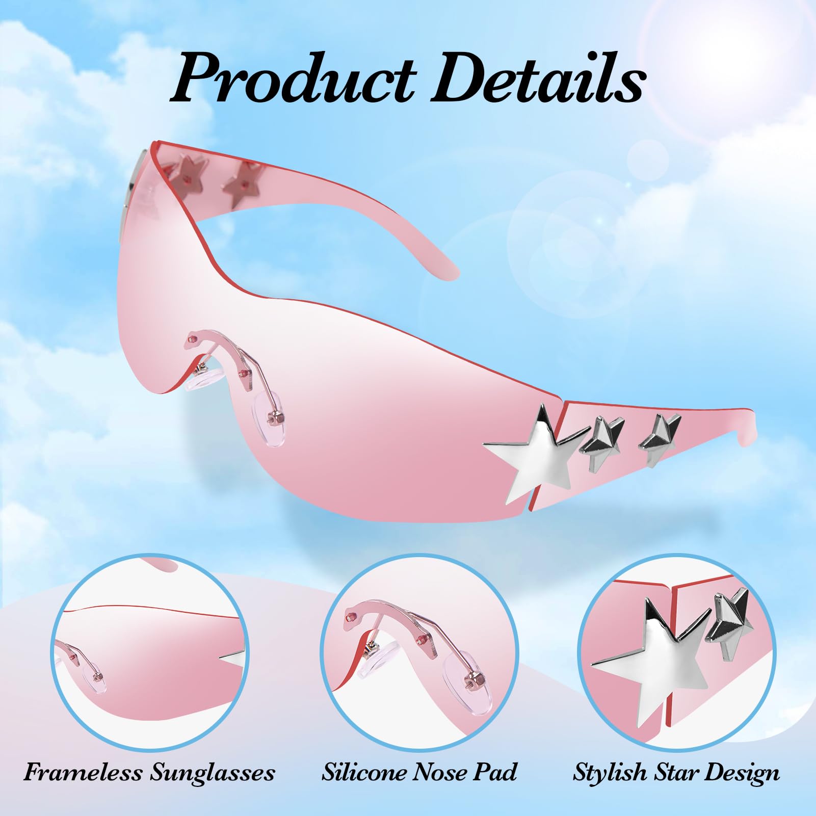 Occhiali da sole Wrap Shield oversize per ciclismo e guida, design a stella Y2K, ultra leggeri, unisex, confezione da 3