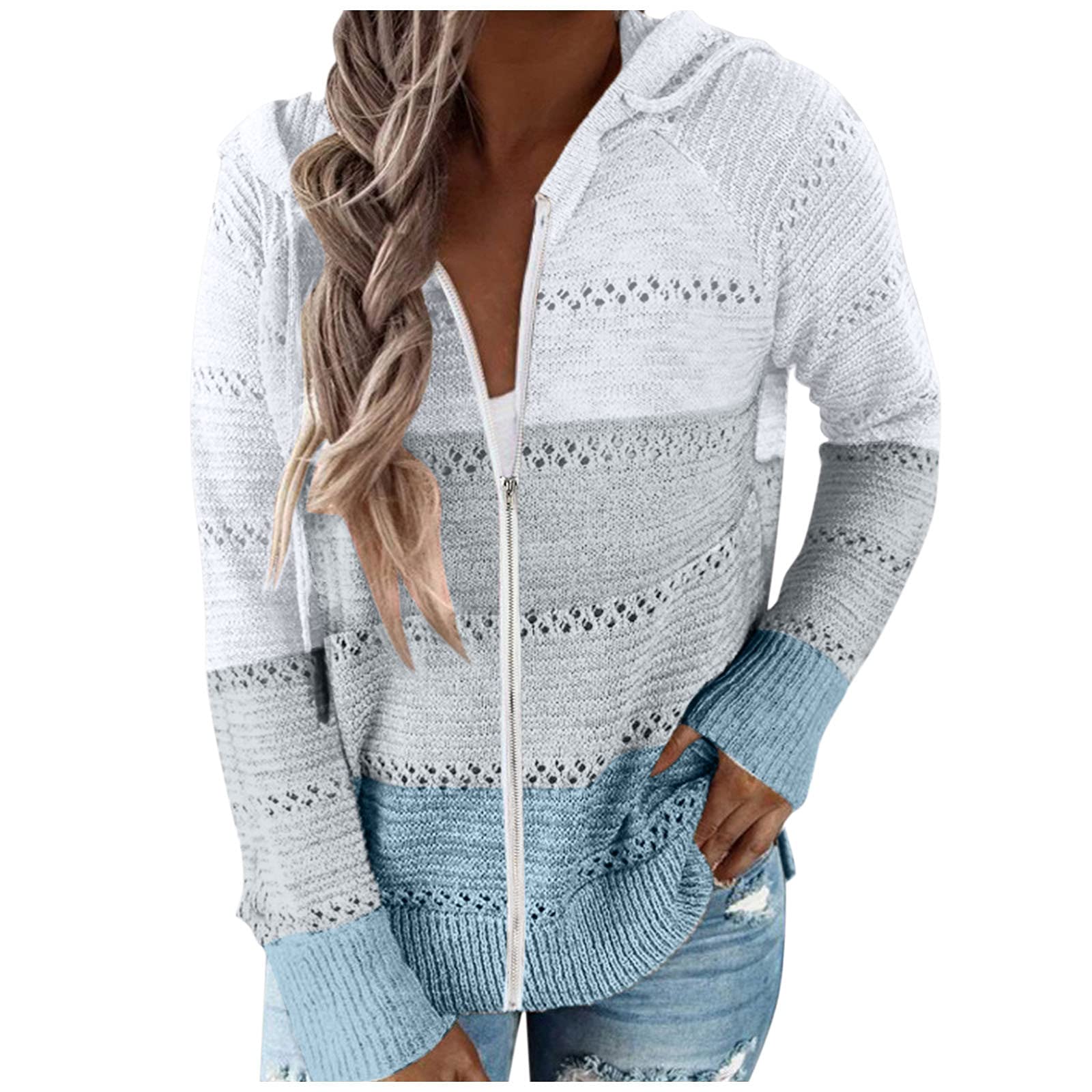 Generisch WeißE Strickjacke Women 's Autumn and Winter Classic Retro Block Kapuziner Kapuzen Pulli mit Reißverschluss Jackenpulli für Frauen
