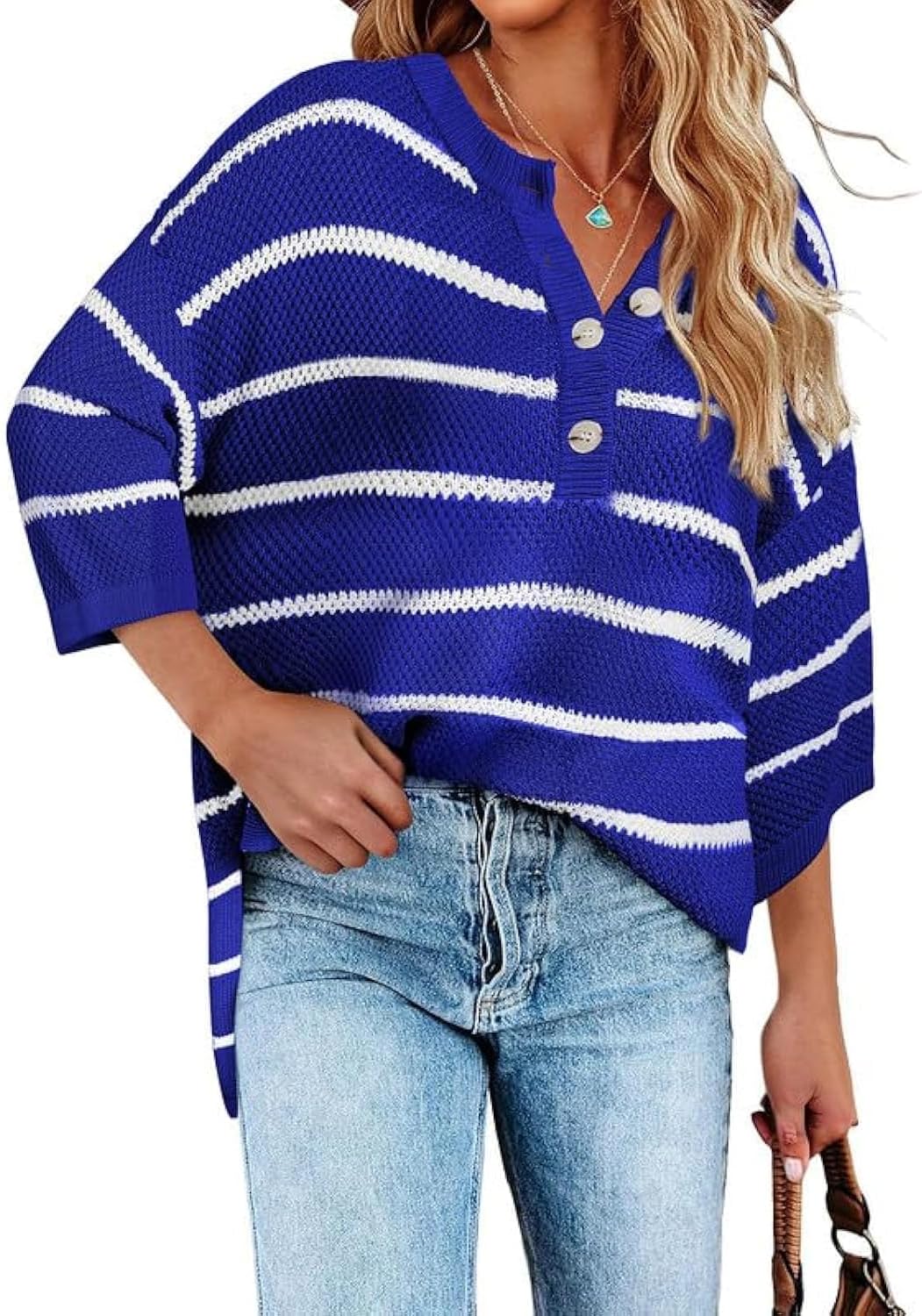 SHEWIN Womens Button Down V Neck 3/4 Sleeve Sweaters Tops Casual Striped Pullover Shirt Lightweight Knit Sweater Medium Blue Stripe
