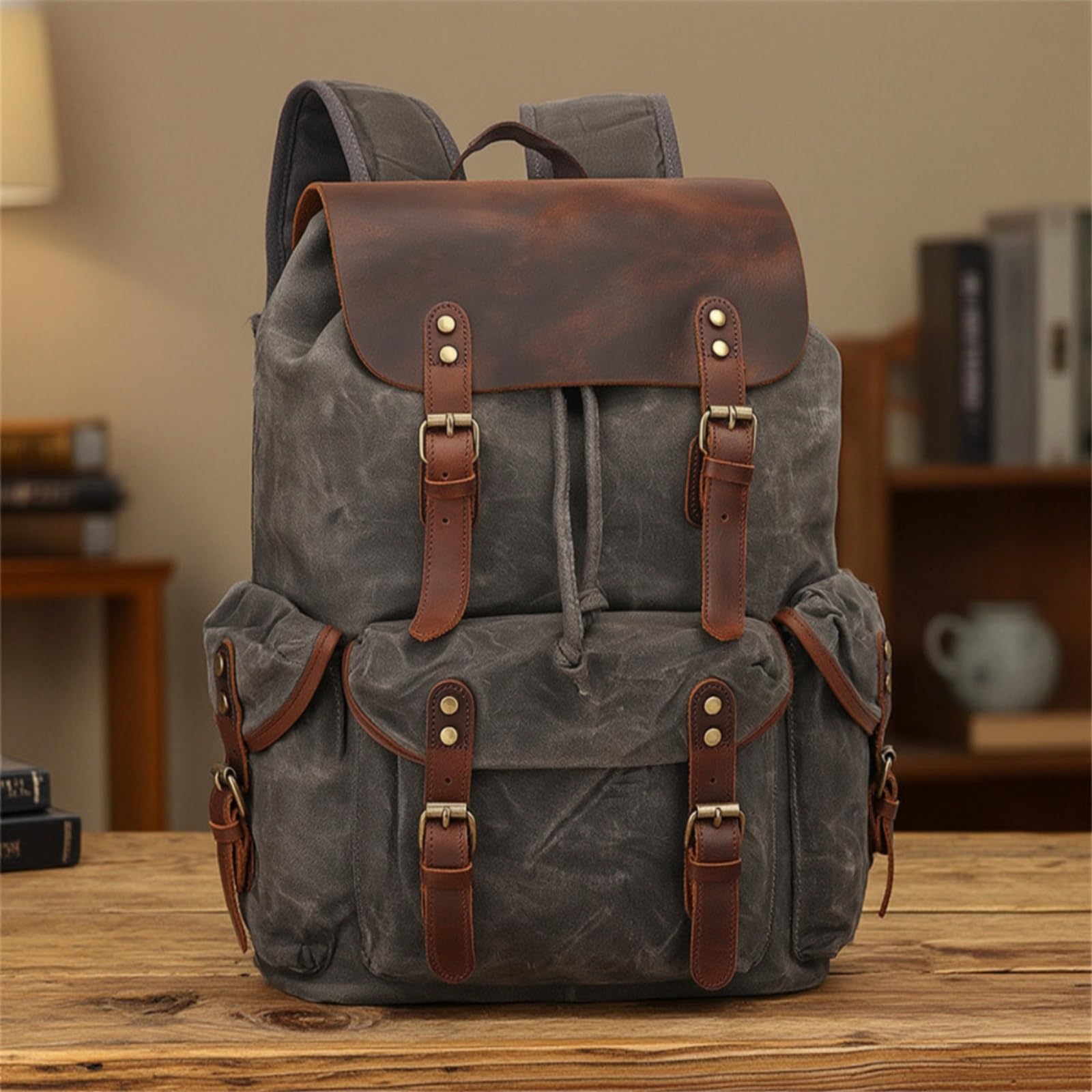 Zaino da Viaggio in Tela Cerata Zaino Borsa Sacca Rucksack Robusto con Scomparto Principale a Coulisse con Cinturini Spallacci Comodi E Manico, Array, Verde Militare