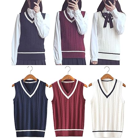 Amazon Uniya ウニヤ Vネック ニット ベスト 女子高生 制服 スクールベスト コスプレ衣装 コスチューム 春 秋 チョッキ 学生 ファッション 通学 男女兼用 セーター 冷房対策 M 白 コスプレ 仮装 通販