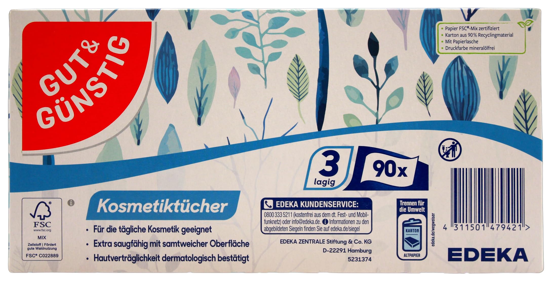 Edeka Kosmetiktücher 3-lagig, 2.160 Tücher (24 x 90 Tücher), weiß, Karton, Unparfümiert