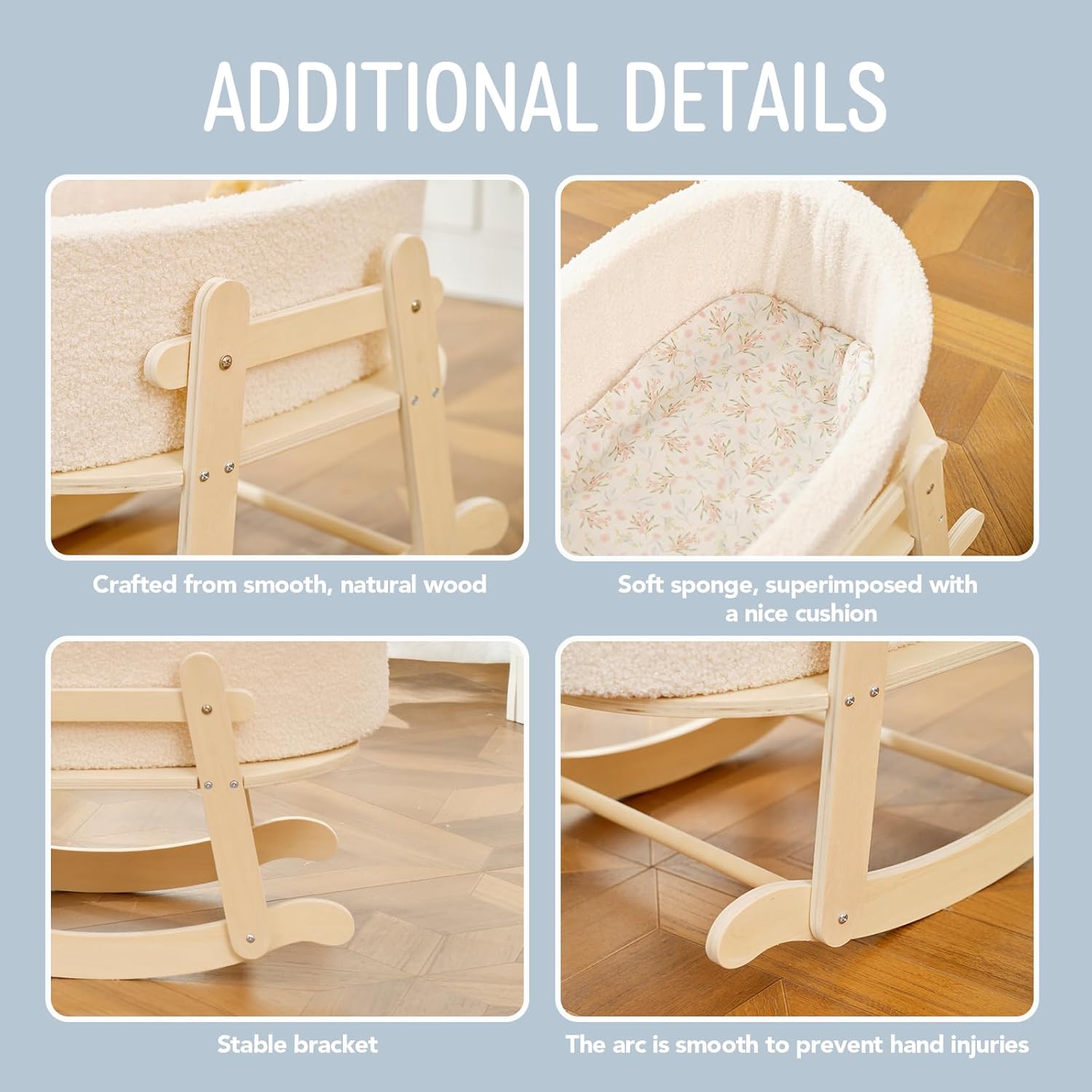 Wooden Baby Doll Crib, Baby Doll Bed Toys for Cat Dog, Wooden Boucle Bassinet for Dolls Up to 16 Inch, Doll Accessories with Mattress and Bassinet, Gift for Boys & Girls