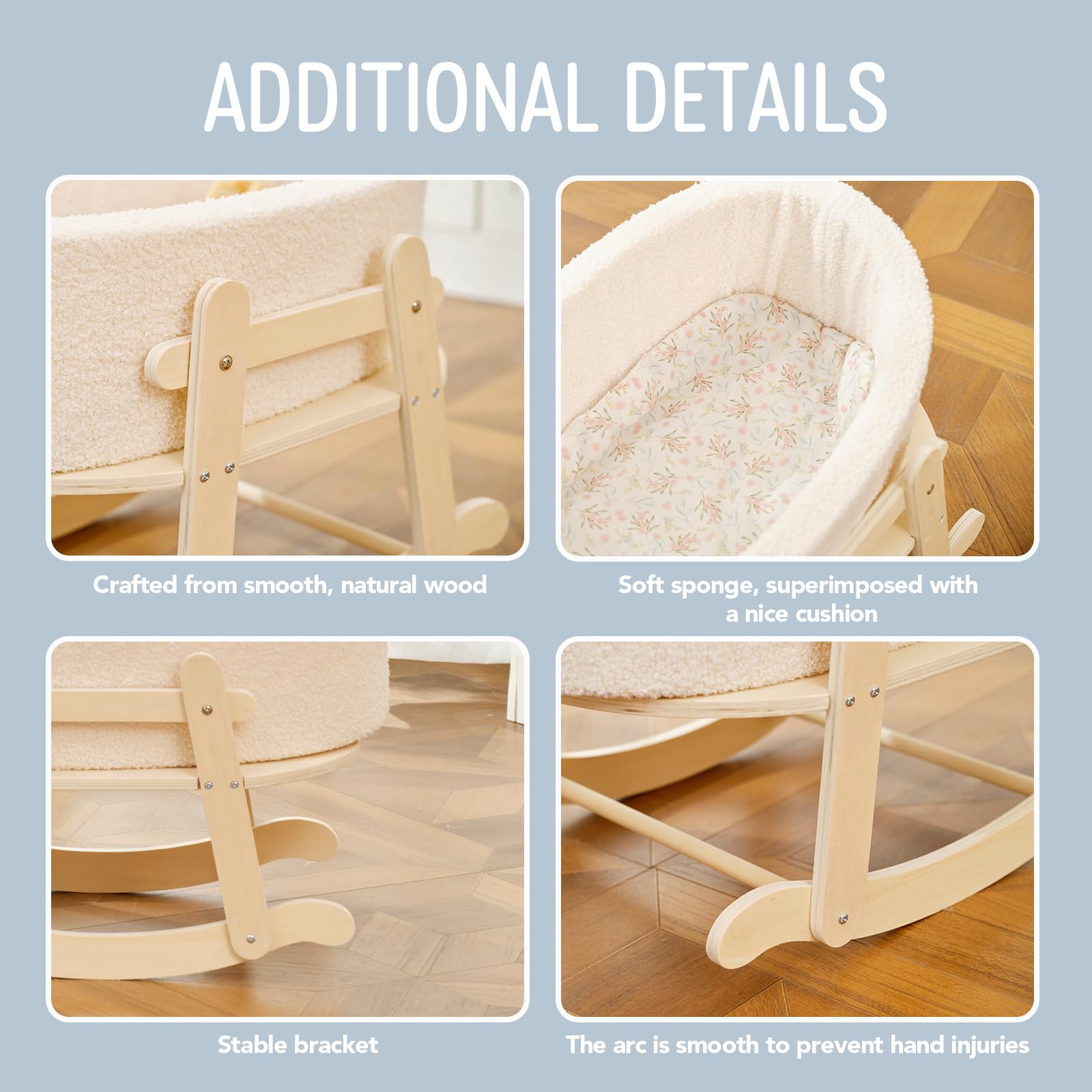 Cuna de madera para muñeca de bebé, juguetes para gatos y perros, moisés de madera para muñecas de hasta 16 pulgadas, accesorios de muñeca con colchón y moisés, regalo para niños y niñas 7