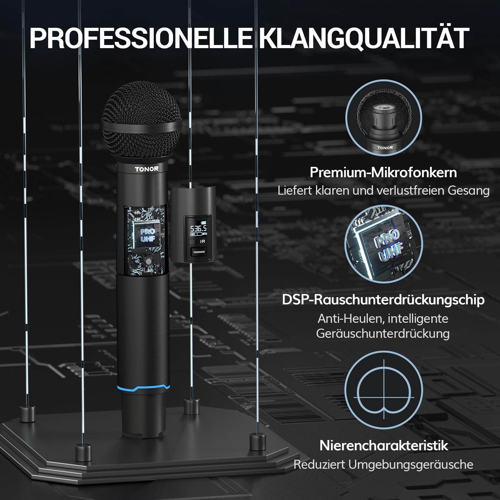 TONOR Mikrofon Kabellos Wiederaufladbares, UHF Funkmikrofon Set, 2x100 einstellbare Funk Metall Wireless Microphone mit Lichtring, Auto Scan, 100 m Reichweite für Gesang Karaoke Kirche Party, TW750