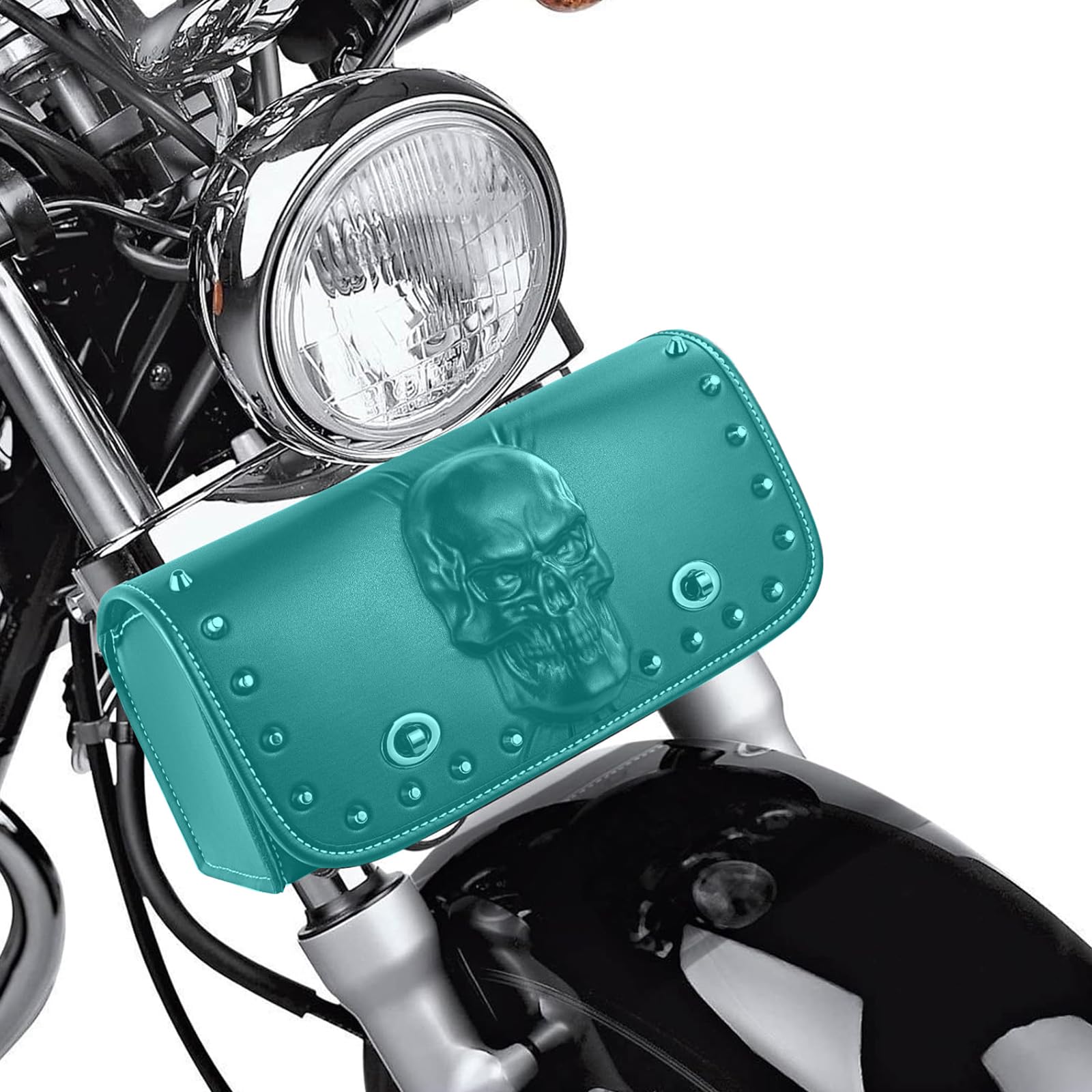 Universal Motorcycle 3D Skull Tool SaddleBags Front Fork Handlebar Bag PU Leather Sissybar Storage Pouch Compatible with Harley Dyna Scooter Softail Sportster Road King (Mint Blue)