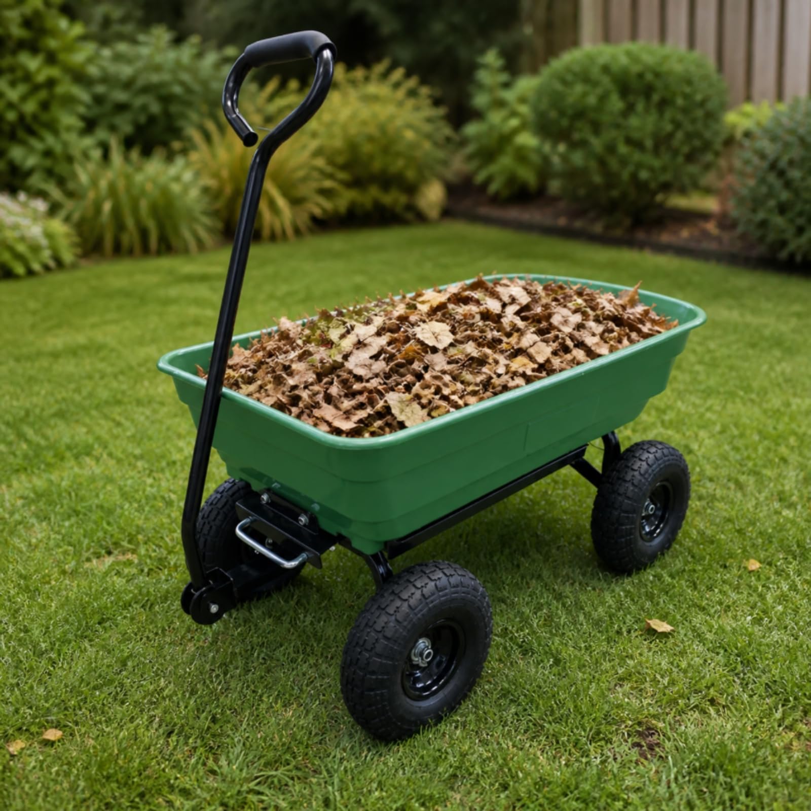 Carrito Jardín 75 litros con Cuba Volcable Robusto Carrito Utilitario Jardín con Neumáticos Goma para Paisajismo, Negro