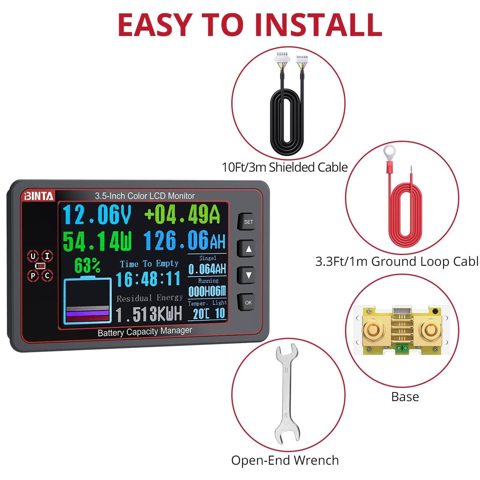 BINTA Monitor batteria 500A con shunt, schermo a colori da 8-100 V da 3,5 pollici per batterie allagate al gel di litio LiFePO4, retroilluminazione di allarme ad alta bassa tensione con copertura