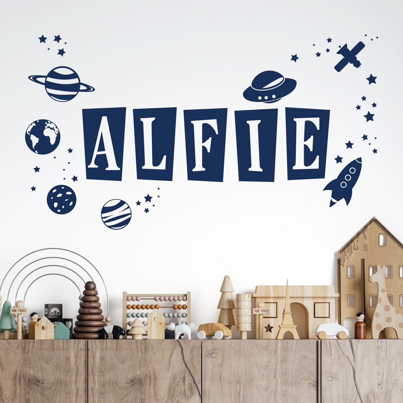 Personalised Name Children Wall Art Sticker - Space Theme, Planets, Stars, Earth, Rocket, UFO [Medium] [Cobalt]