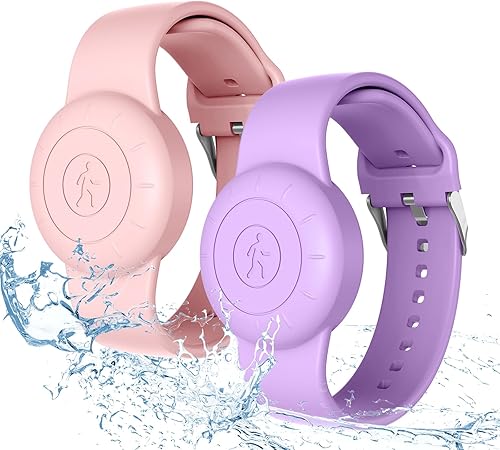 VEGO Pulsera AirTag para niños, paquete de 2 correas de reloj de silicona + 4 unidades de películas antiarañazos para niños, pulsera de metal