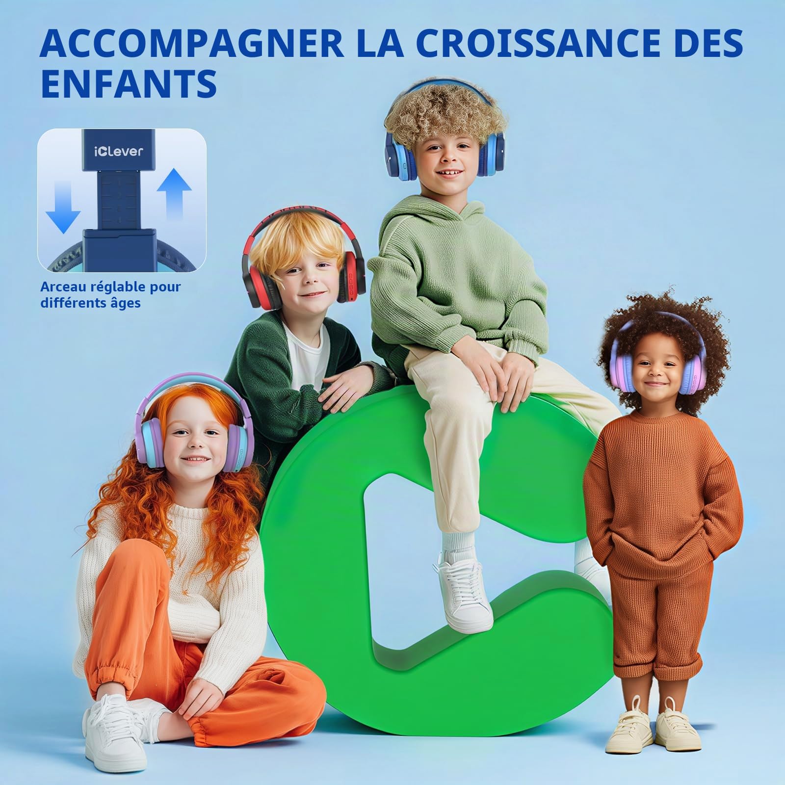 iClever Casque Audio Enfant Bluetooth sans Fil avec Microphone, Lumières LED Colorées, Volume Limité 74/85/94dB, 85 Heures de Travail, Bluetooth 5.2, Micro Intégré BTH12