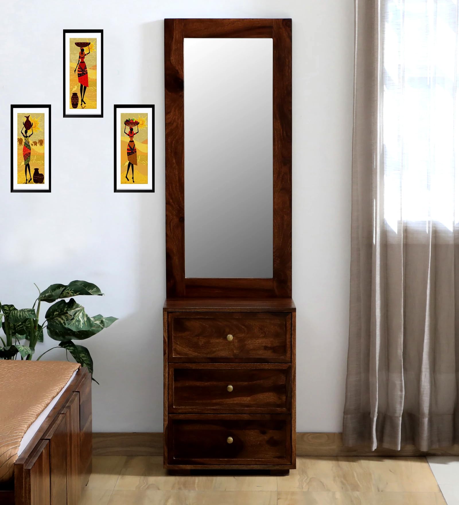SSYADE Provincial Teak Sheesham Wood Dressing Mirror with Storage, Full Length Mirror with Drawers, 175.26 x 50.8 x 35.56 cm, Bedroom Furniture-image-5