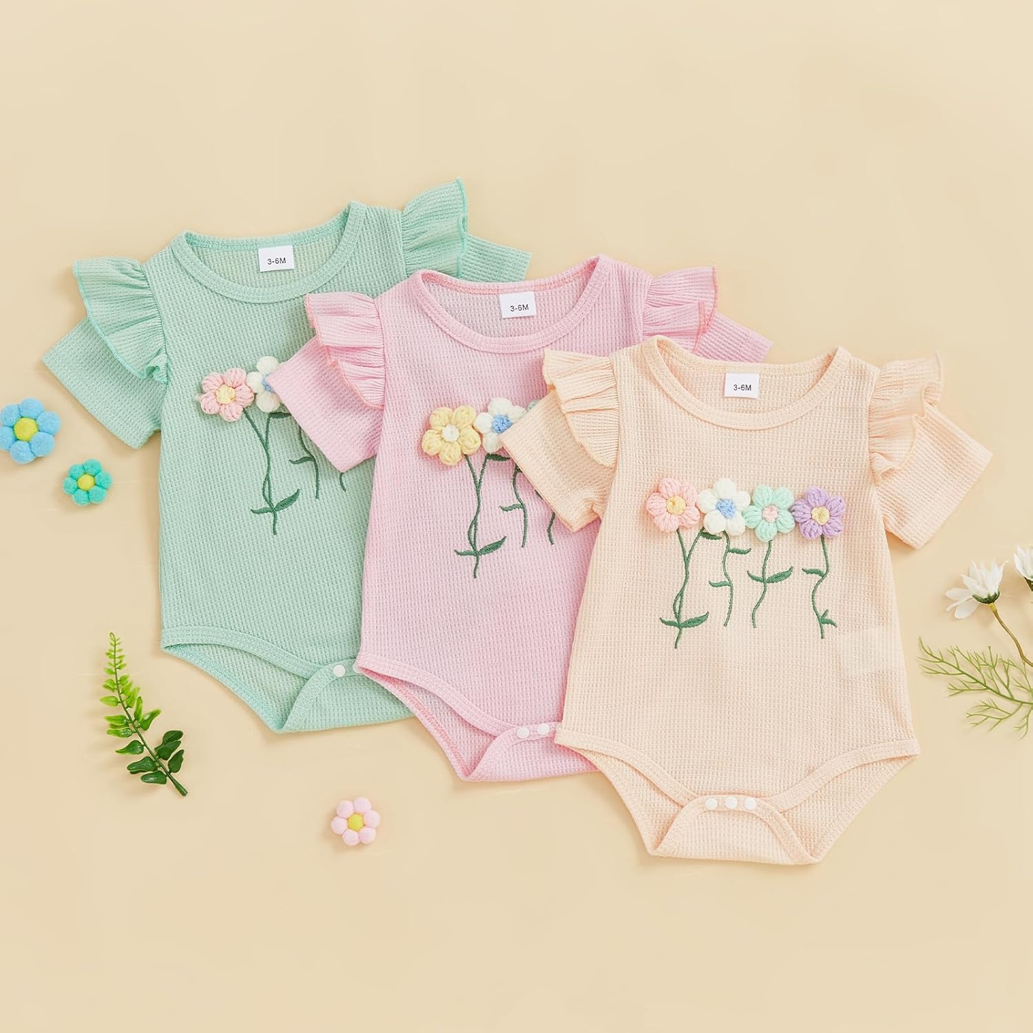 Newborn 3 6 12 18 Months Baby Girl Romper Summer Clothes Waffes Outfit 3D Flower Onesie Bodysuit Infant Girl Clothes - Image 4