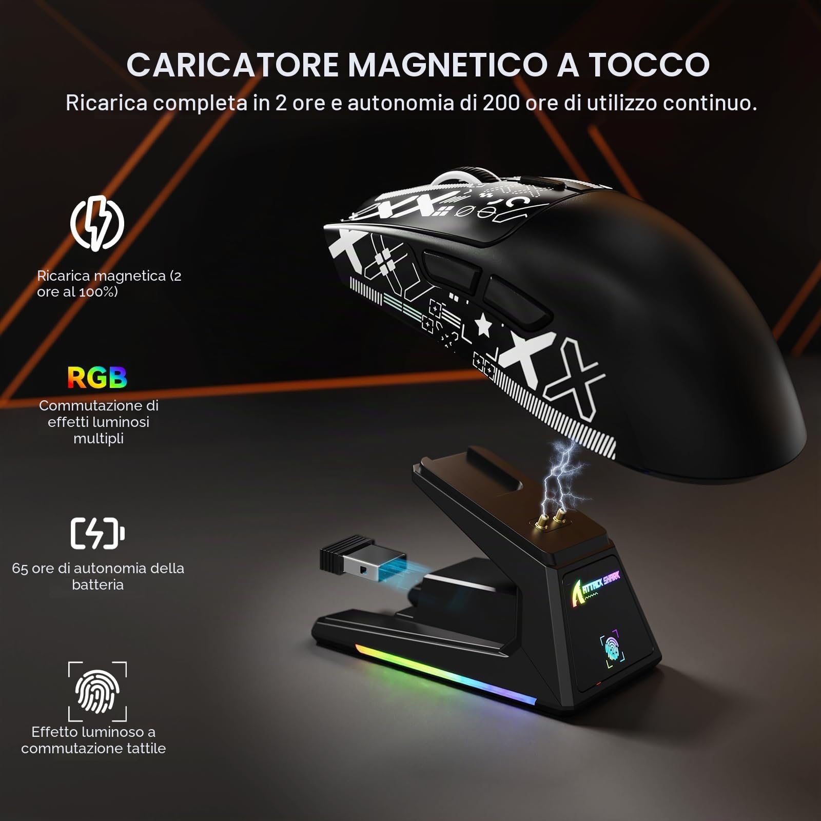 MAMBASNAKE Attack Shark X1 Mouse da Gioco 49g Leggero con Dock di Ricarica Touchpad, Sensor PAW3395 PRO 40K DPI, Mouse da Ufficio Wireless/Cablato BT/2.4G con Grip Tape per PC/Mac/Win11/PS - Nero