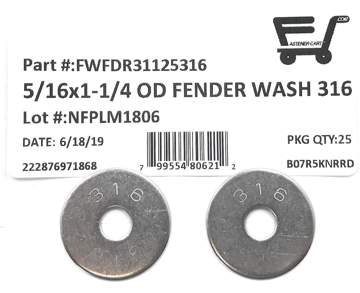 5/16 ID x 1-1/4 OD Stainless Steel Fender Washer Large OD Flat Washers .050 Thick 316 SS (25 Pieces)