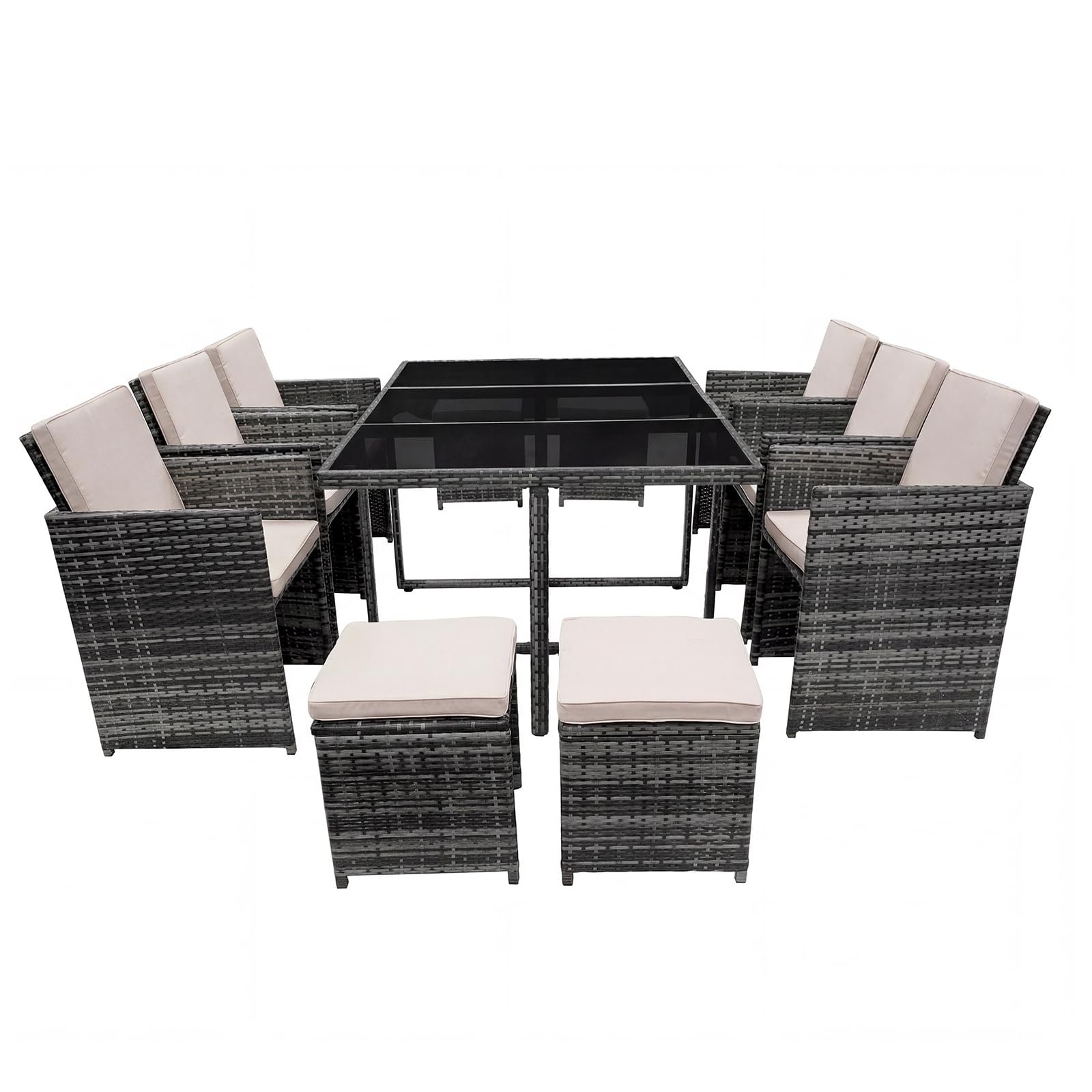 Panana 10 Seater Rattan Garden Dining Set with Large Table, 6 Chairs & 4 Stools, Space Saving Outdoor Furniture for Patio, Conservatory & Garden (Mixed Grey Rattan with Beige Cushions)