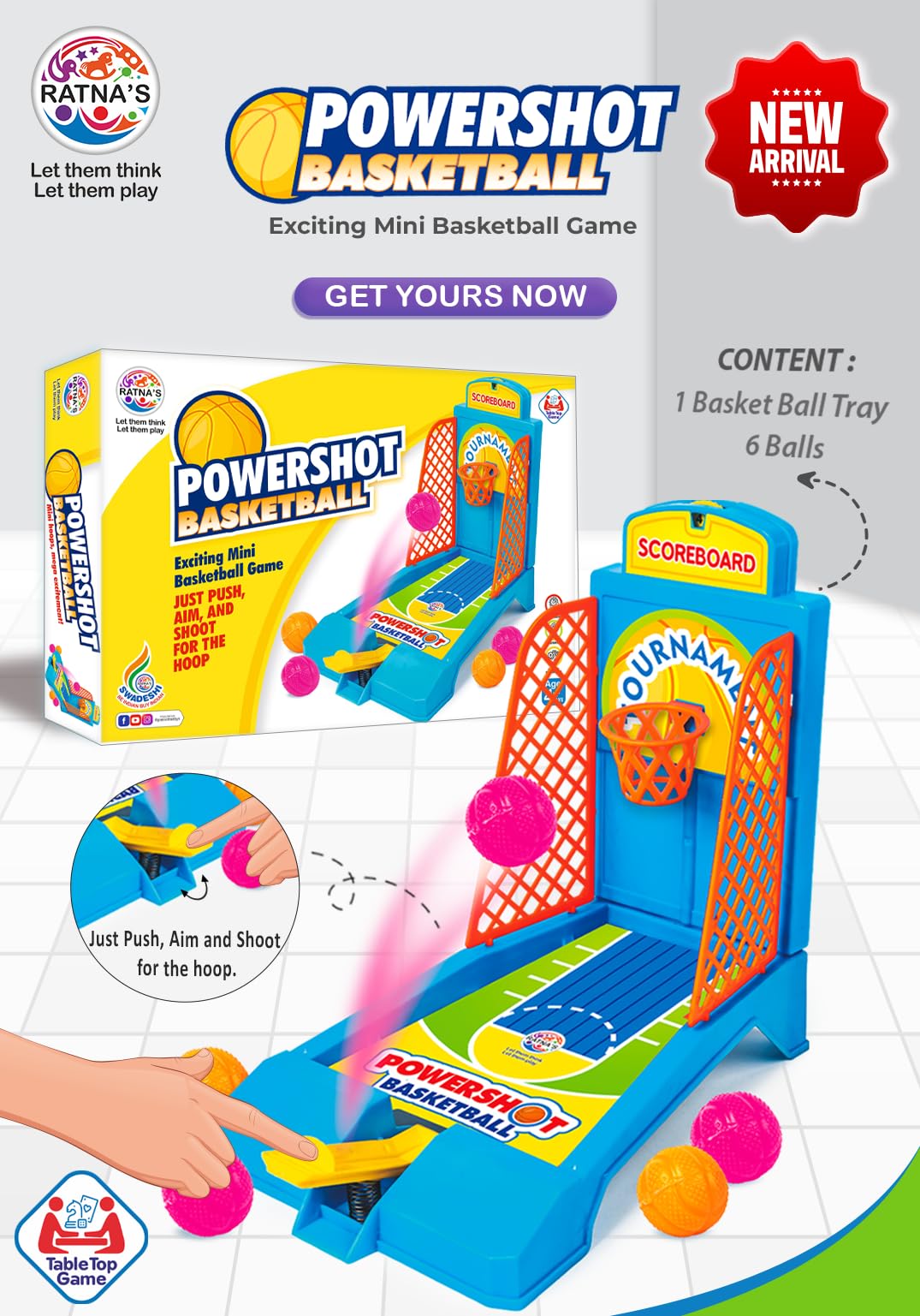 RATNA'S Powershot Basketball Board Game, Tabletop Mini Basketball Set, Travelling Toy for Kids 4+ Years 4