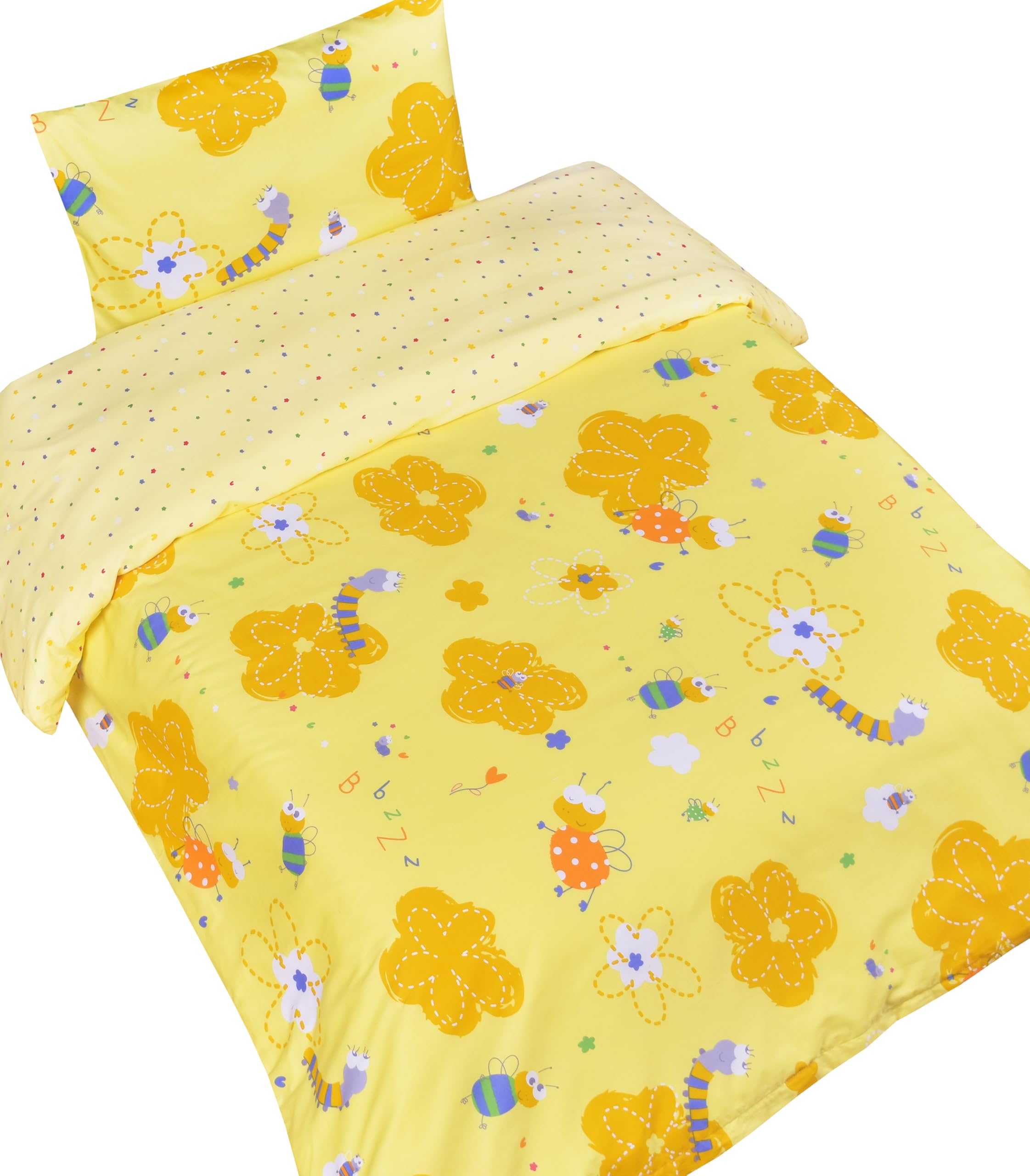 J-pinno Yellow Bee Flower Caterpillar Boys Girls Cartoon Duvet Cover + Pillowcase Set, Zipper Closure, 100% Cotton, for Kids Crib Toddler Bedding Decoration Gift (Yellow, Crib 47" X 59")