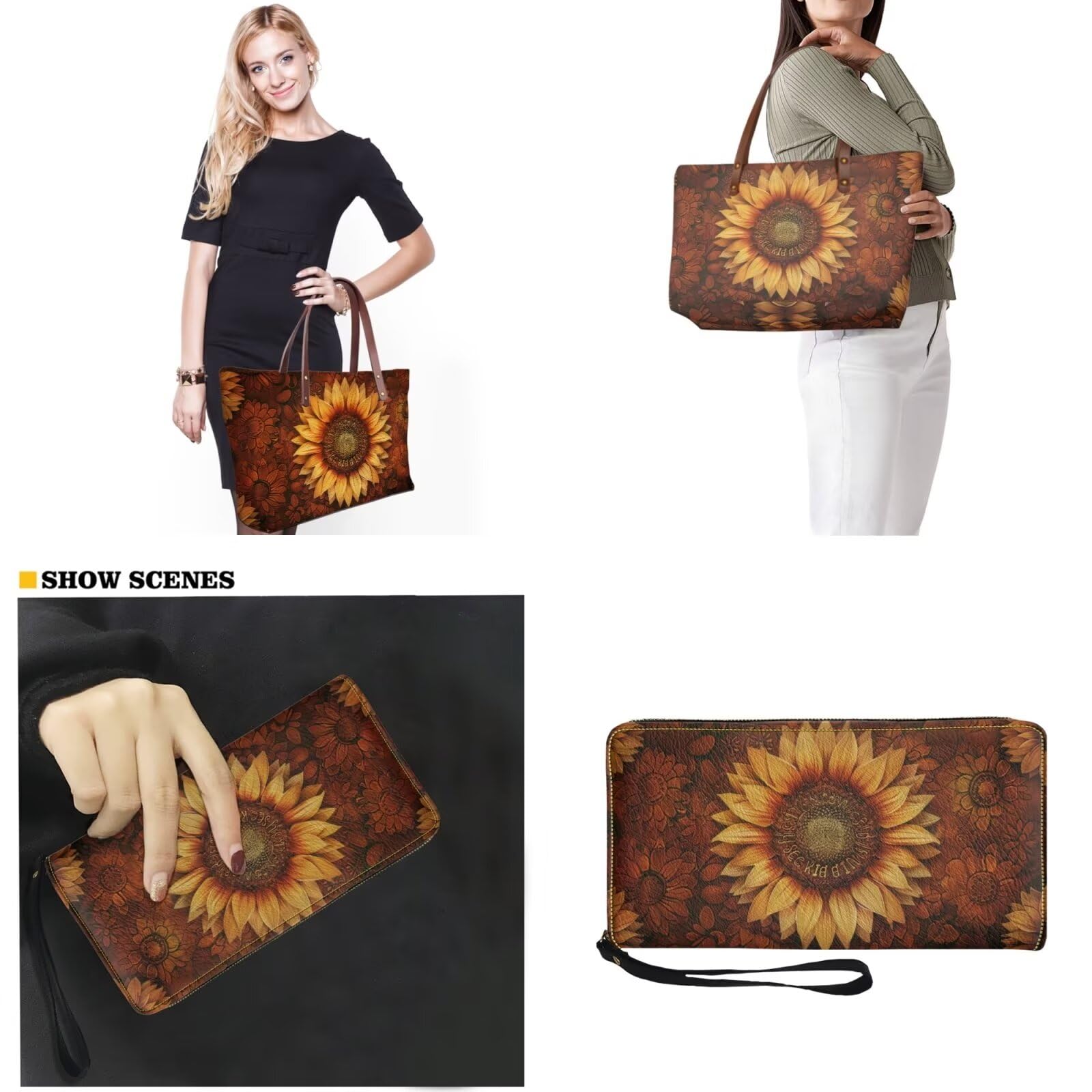 Sannovo Sunflower Print Women Handbag Purse Set Large Shoulder Bag 2 Pcs Top Handle Purse with PU Leather Wallet Set for Lady Girls, Brown