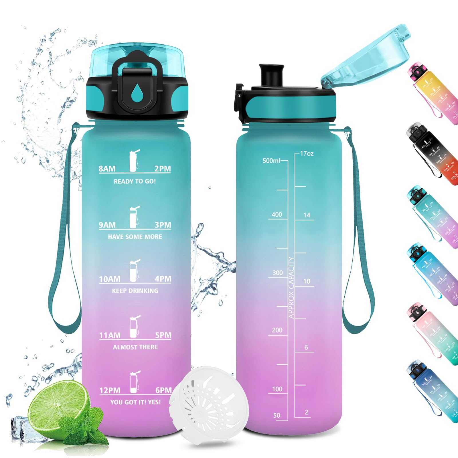 KollyKolla 500ml Water Bottle with Motivational Time Marker, Filter Bottle, Kids Water Bottle, Leak Proof, Water Bottles for Kids, Sports, Gym, School, Gym, Office, Yoga