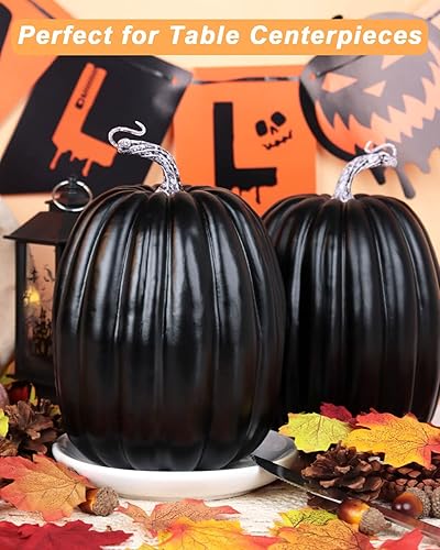 Miniatura 5 de vensovo Calabazas grandes de plástico negro de 8.5 pulgadas para decorar, 2 calabazas decorativas grandes de espuma para decoración de otoño,
