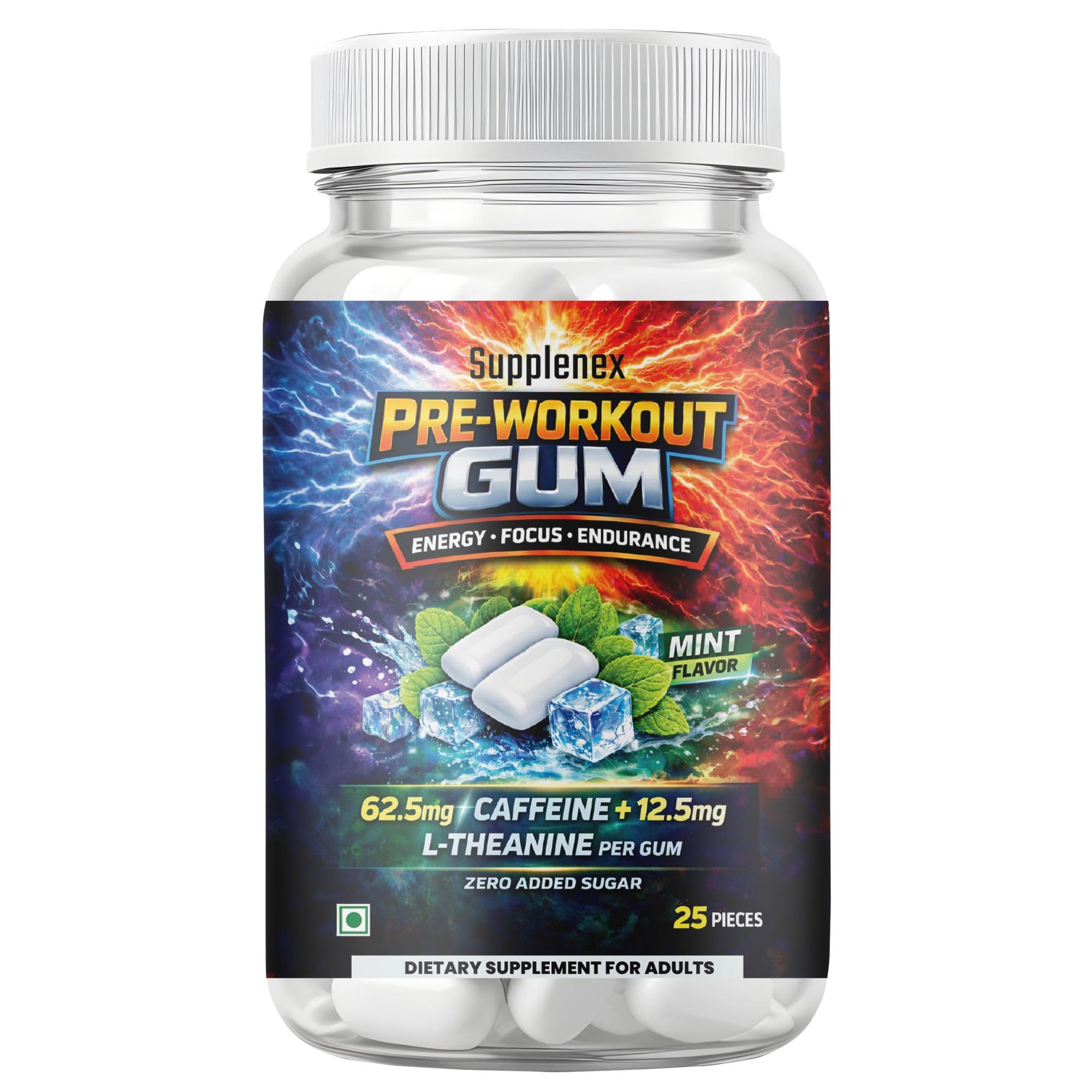 - Pre Workout Caffeine and L-Theanine Gum (25 Gums, Mint Flavour) | Pre-workout Supplement Supports to Improve Focus, Strength, Energy and Pump | Natural Caffeine and L-Theanine