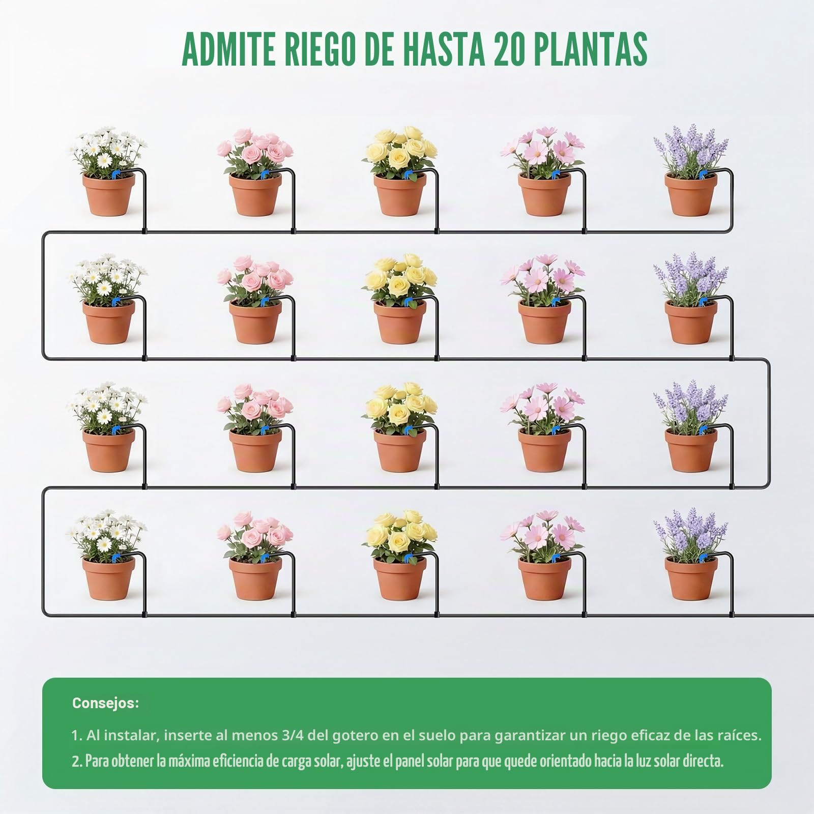 Sistema de riego solar para balcón para 20 plantas en macetas - 2026 Sistema de riego automático más reciente con 12 modos de temporizador y tubo de goteo de 20 m para plantas de jardín, plantas de