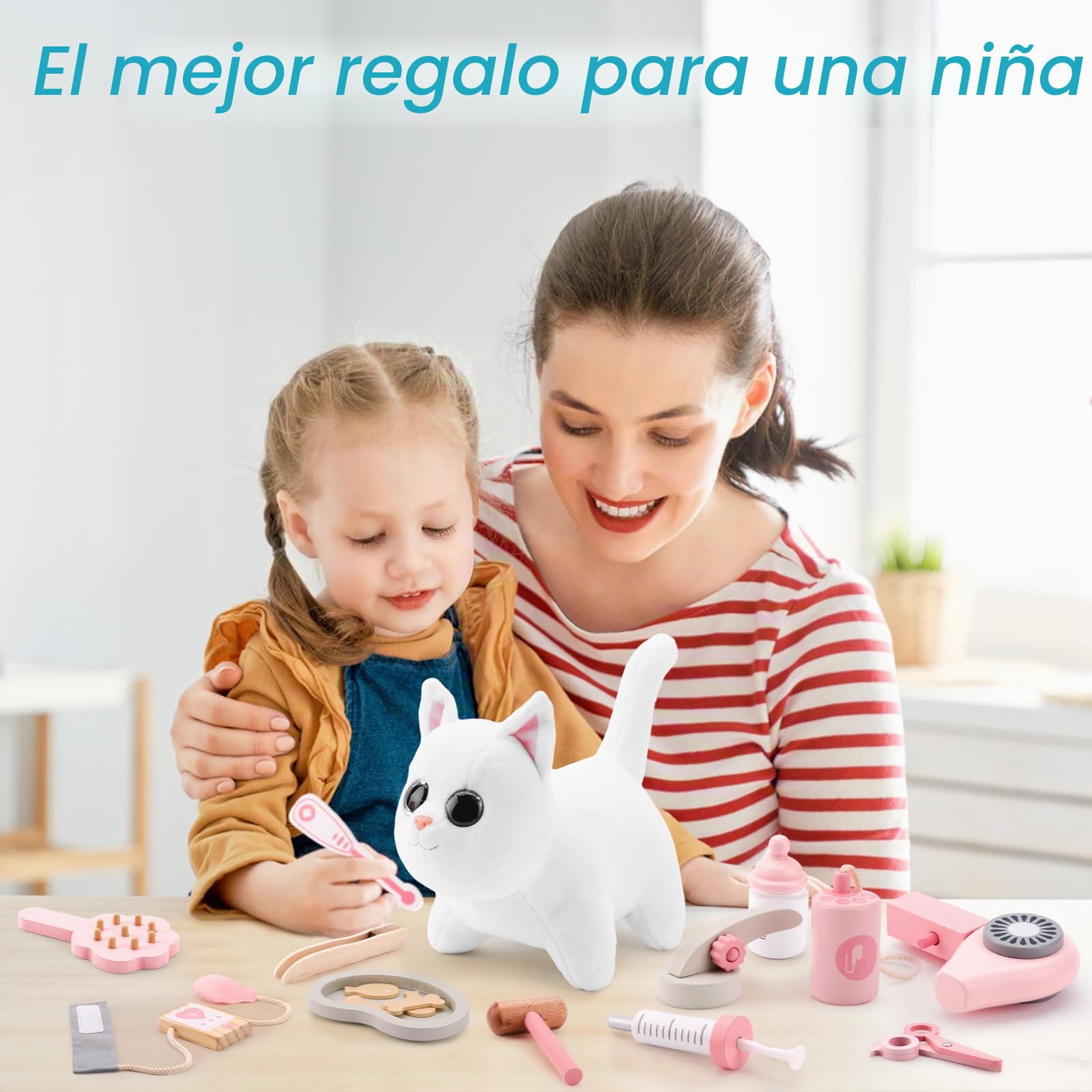 UMU® - Juego de 37 Juguetes Veterinarios de Madera para niños con Gato de Peluche, Estetoscopio, tenómetro, etc. Juguete Veterinario para niños y niñas de 3, 4, 5 años