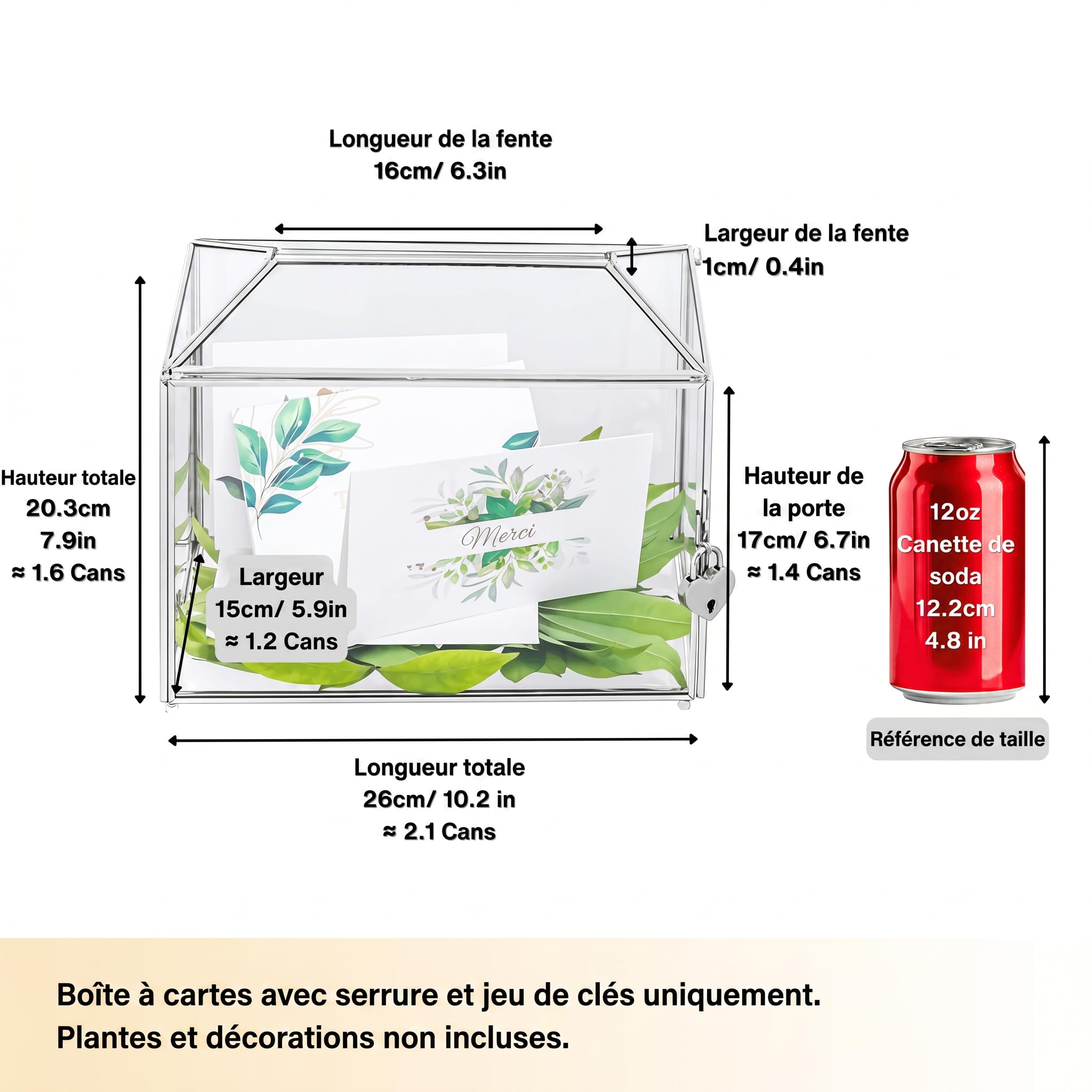NCYP 26cm Boîte à Cartes en Verre de Mariage avec Fente et Serrure, Géométrique Argent Faite à la Main pour les Réceptions de Fête D'anniversaire (Boîte en Verre et Serrure Uniquement)