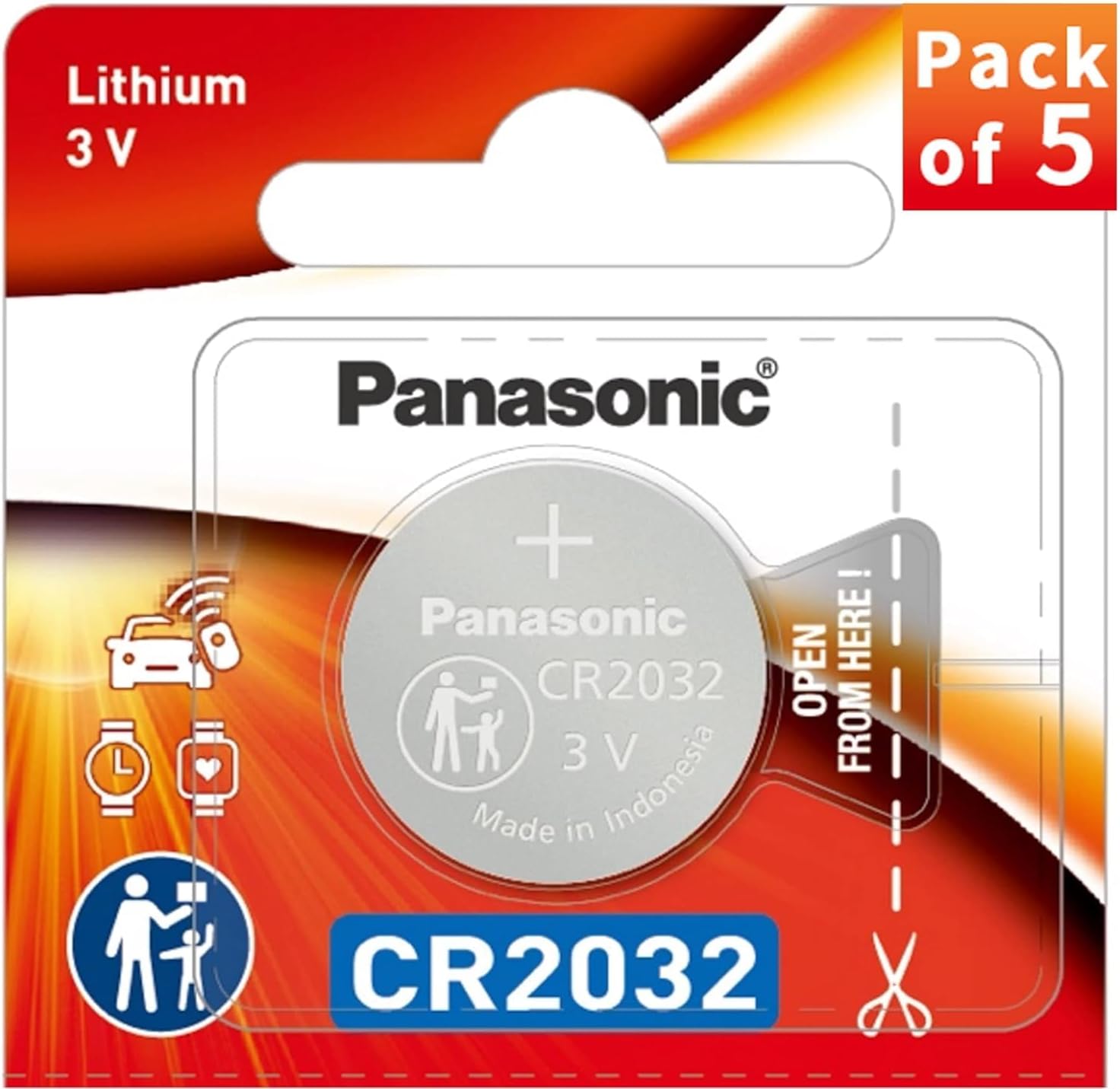 Panasonic CR2032 Lithium 3 V Batteries - 5 Pieces