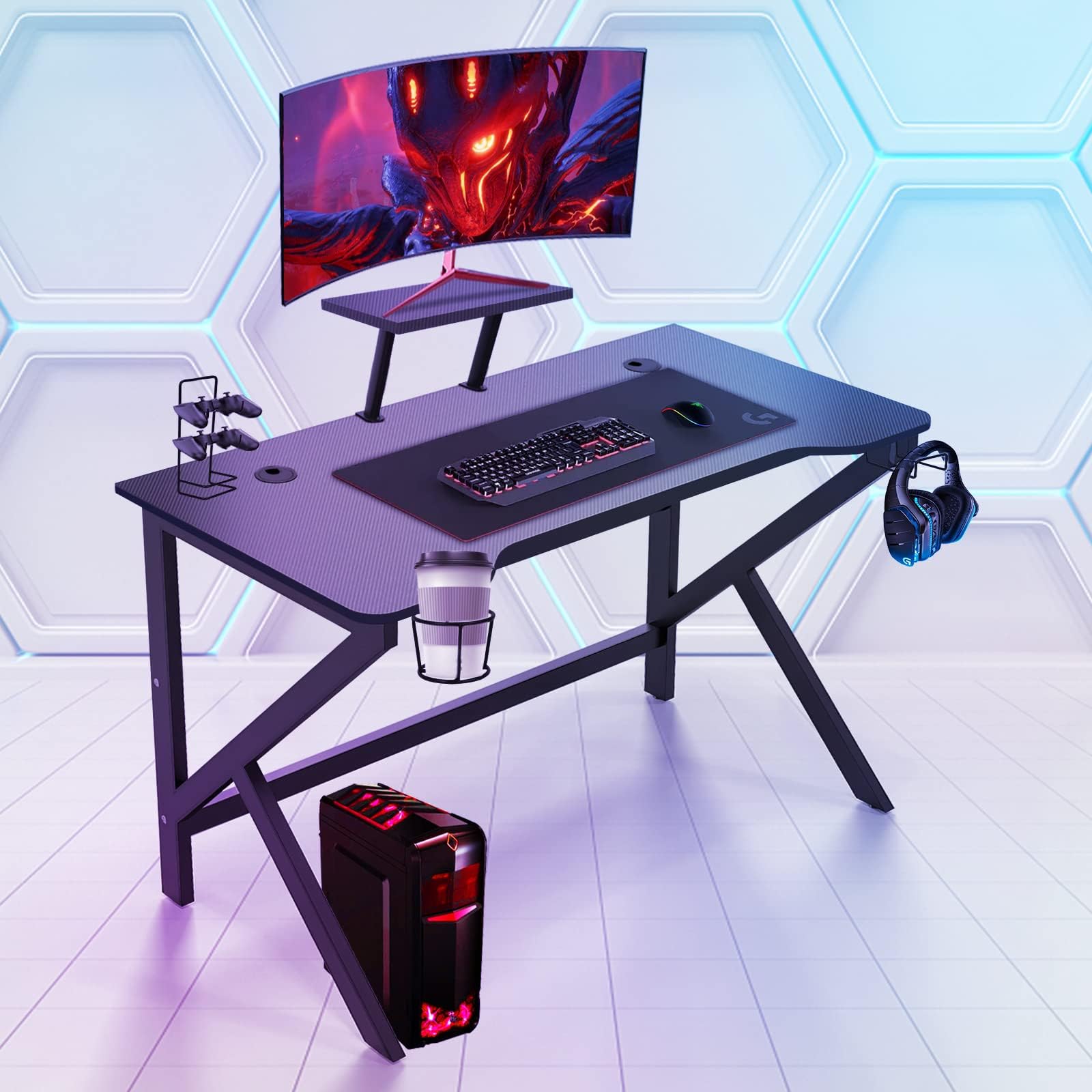 Scrivania Gamer Ergonomico, Vassoio in Fibra di Carbonio Impermeabile Antigraffio Struttura a Forma di K, Accessori Inclusi per Ufficio e Gioco, Tavolo Multifunzione per Adulto, 100x55x74