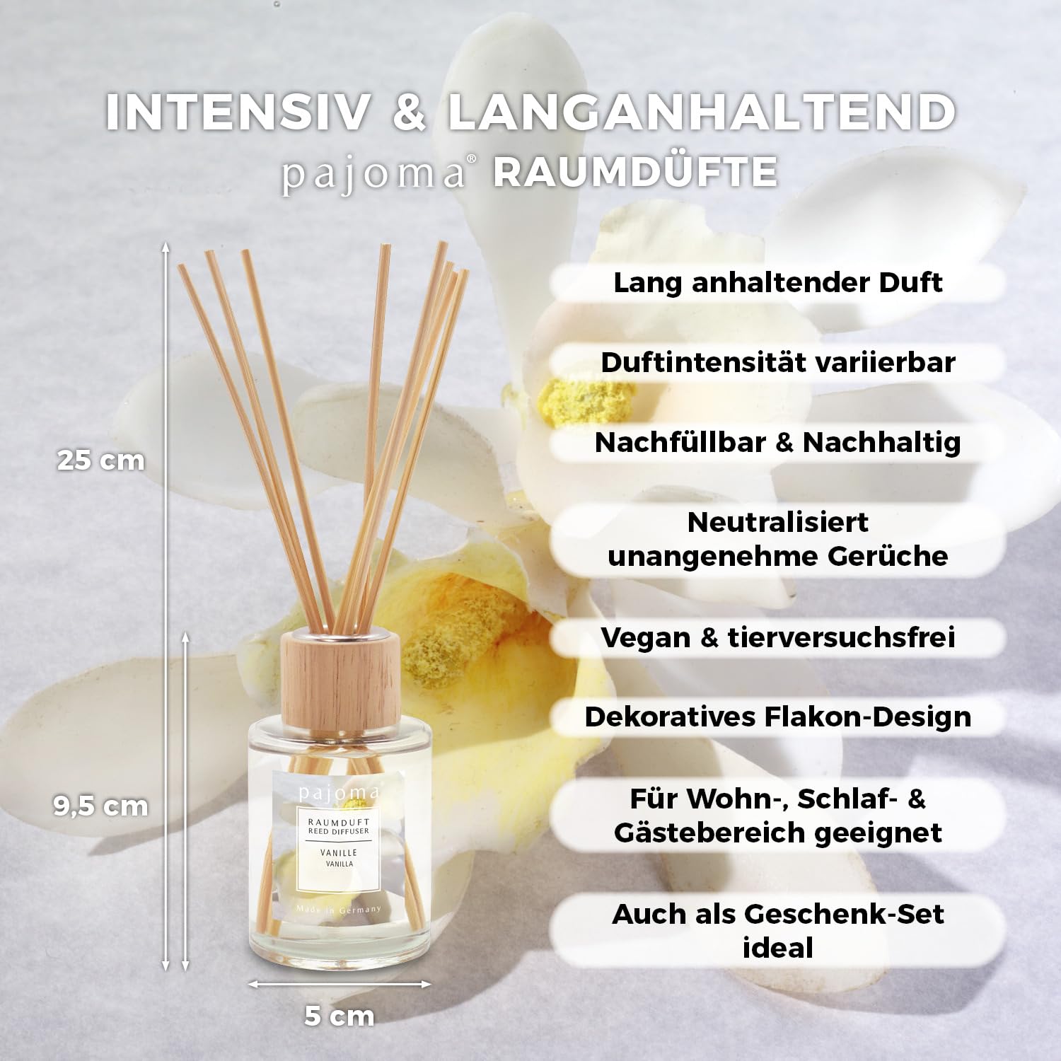 pajoma® Raumduft Vanille 100 ml + Nachfüller 1000 ml | Komplett-Set mit Rattanstäbchen