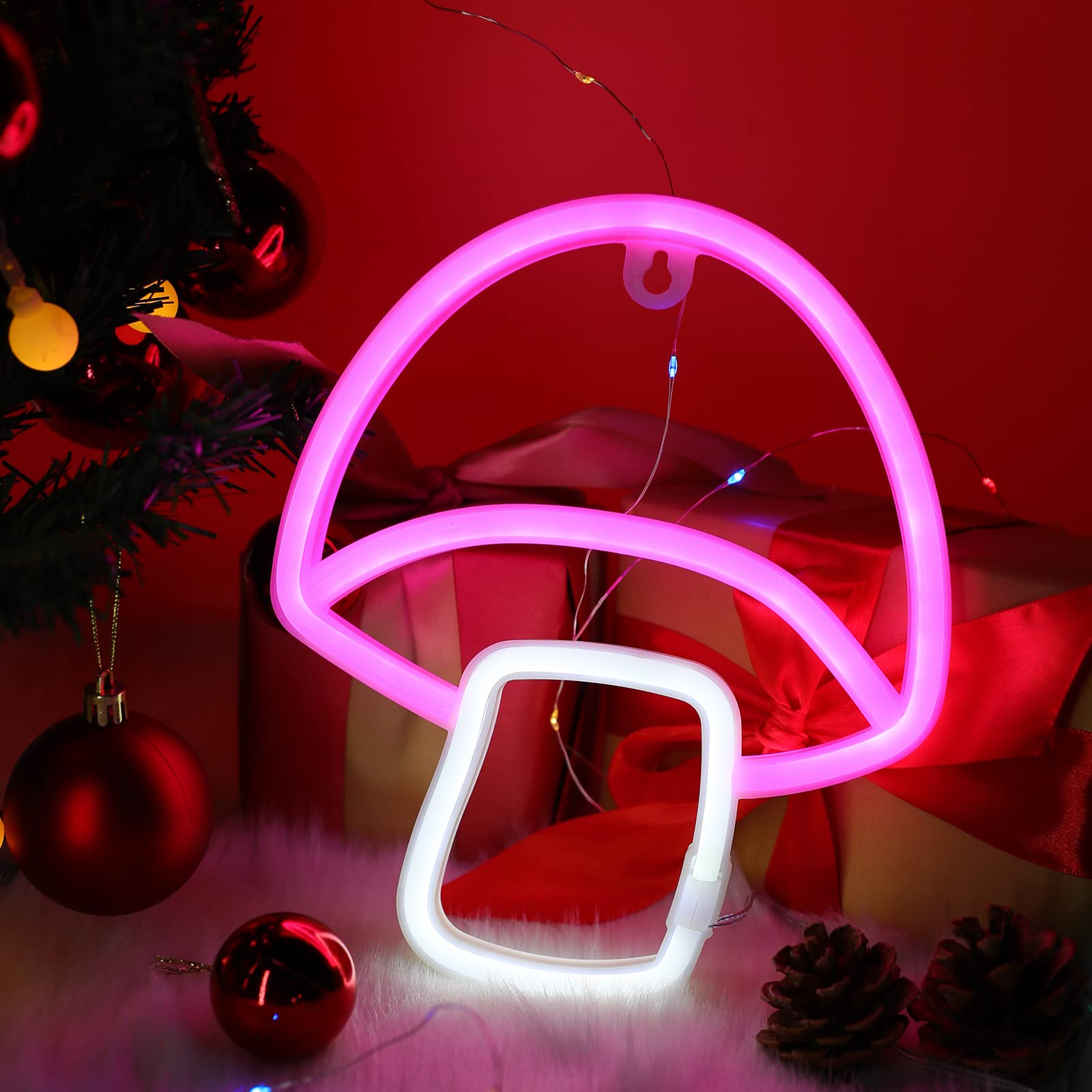 WIOSOUL Mushroom Neon Light Sign - USB Cable or Battery Powered LED for Party Decoration, Bedroom Birthday New Year Friend Kids (Pink/White)