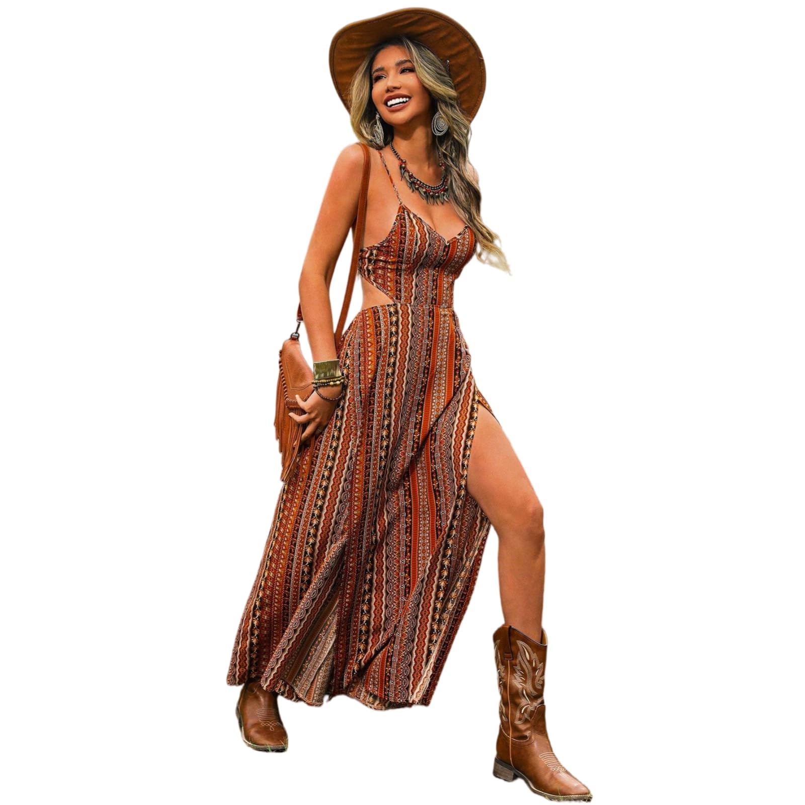 Vestito Abito Maxi Senza Schienale A Scollo in V Profondo da Donna - Stampa Floreale con Fessura Alta alla Coscia per Vacanze sulla Spiaggia E Feste Estive-Green-XL