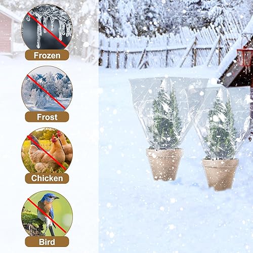 Vista 19 de ANPHSIN 6 piezas de película de invierno para plantas con cordón, cubierta de plástico de 35.4 x 59 pulgadas, protección contra congelación, bolsa