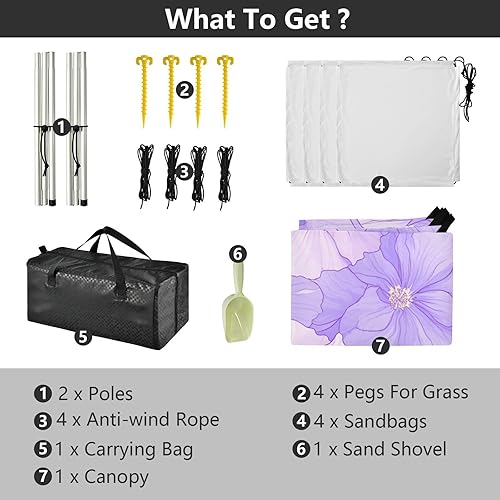 Miniatura 4 de Tienda de campaña de playa con flores lavanda ligera, UPF50, fácil instalación, refugio solar con postes resistentes, sacos de arena y pala para
