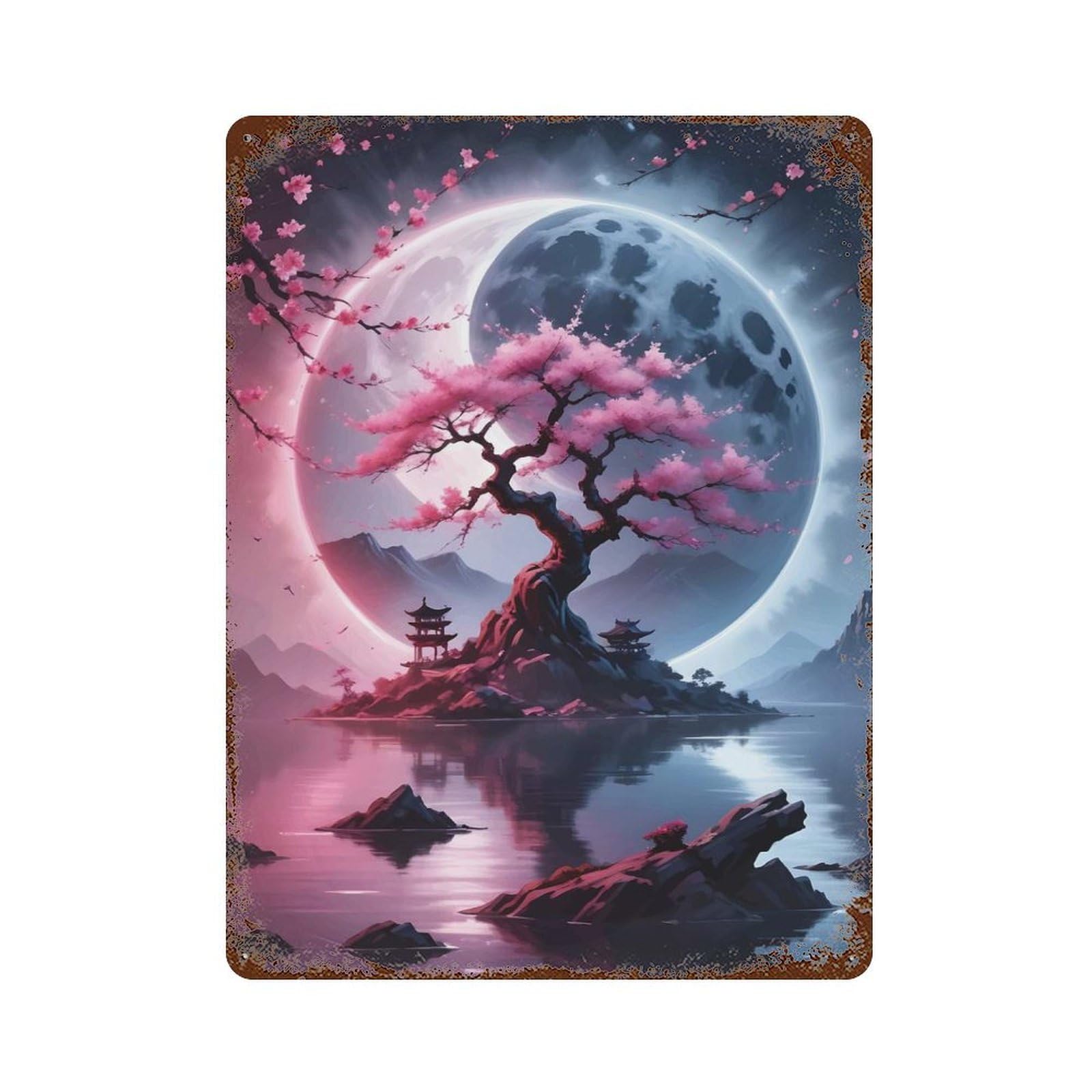 Yin And Yang Sakura Rust Effect Tin Sign 15.7"x11.8", Old School Wall Decor for Farmhouse, Kitchen And Entryway Decor