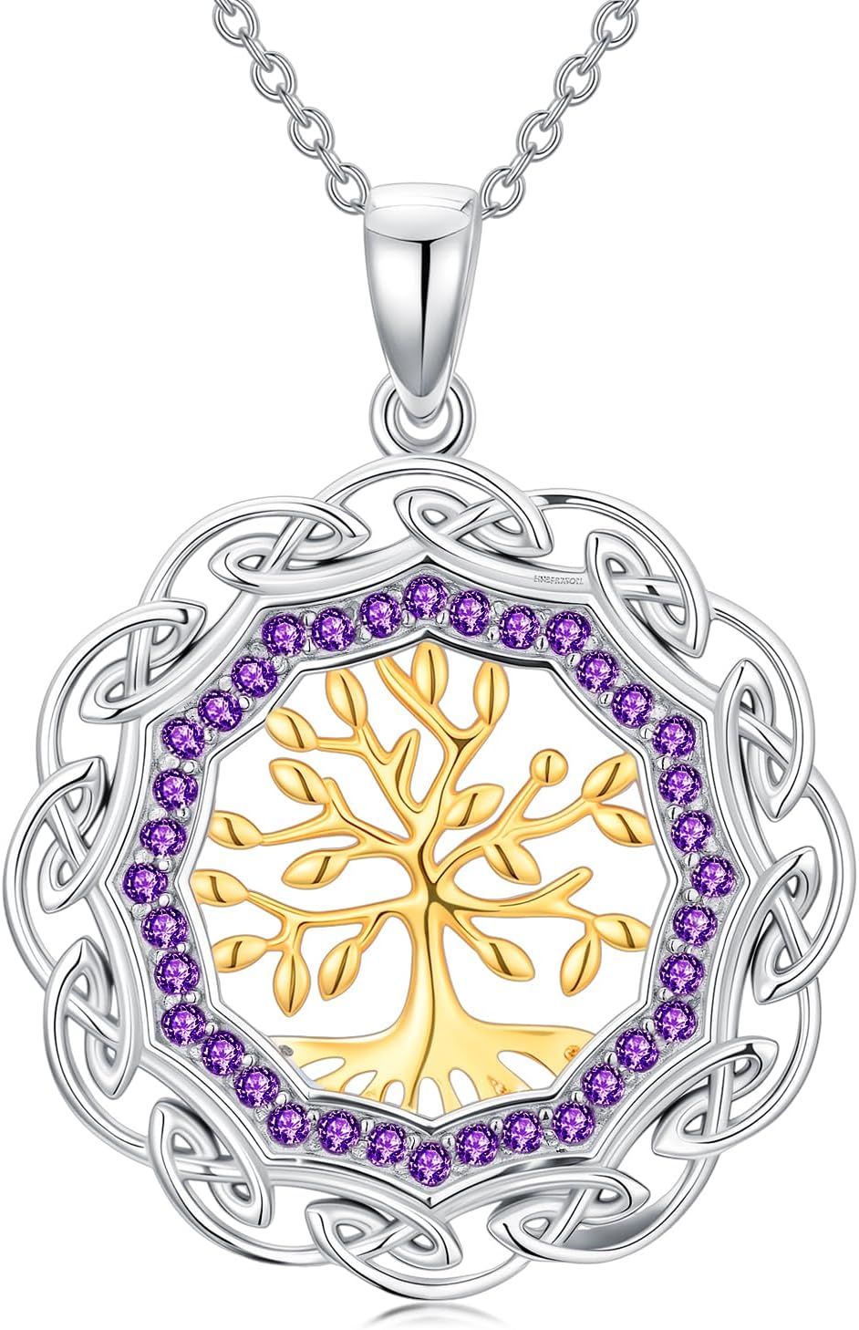 Sterling Silver Birthstone Celtic Tree of Life Necklace, 18K Gold Plated Colored Gemstone Tree of Life Pendant Two-Tone Necklaces Jewelry Birthday Gifts for Women 18" - 20"
