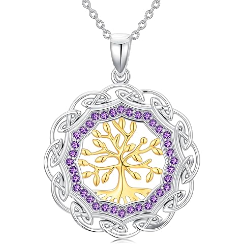 Sterling Silver Birthstone Celtic Tree of Life Necklace, 18K Gold Plated Colored Ge...
